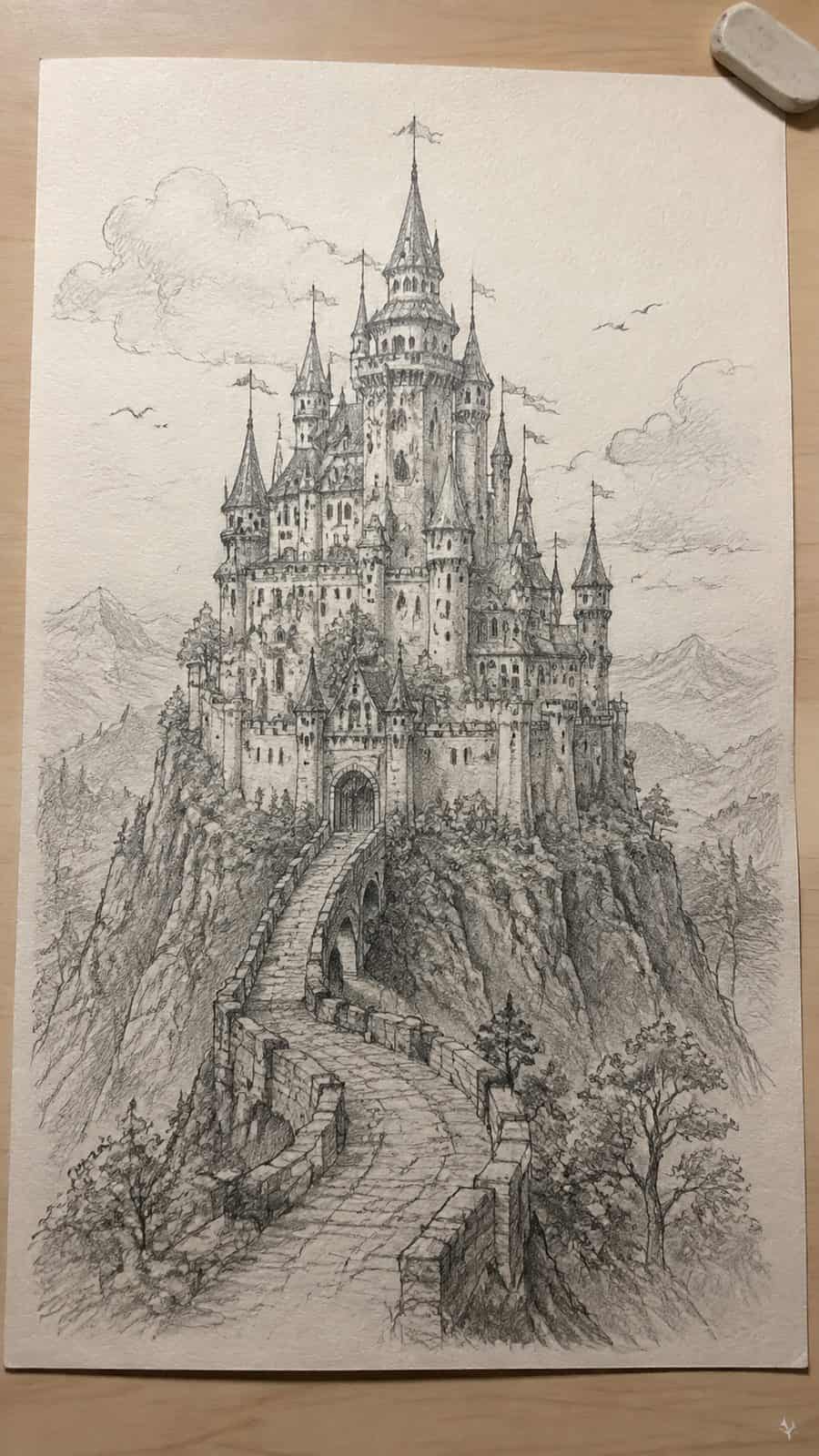 Explore 19 House Drawing Ideas That Blend Imagination with Reality 12 Hand-drawn fantasy castle creation in graphite drawing on textured paper, shown in a slightly off-center overhead composition, like an — study 2