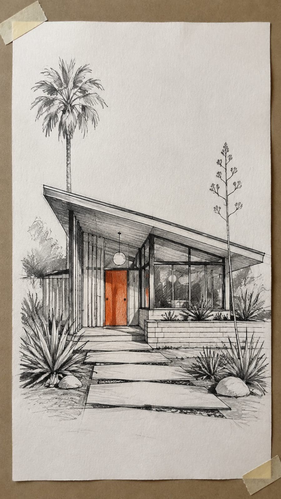 Explore 19 House Drawing Ideas That Blend Imagination with Reality 13 Hand-drawn mid-century modern gem in mixed-media hand drawing on textured paper, shown in a straight overhead view — study 1