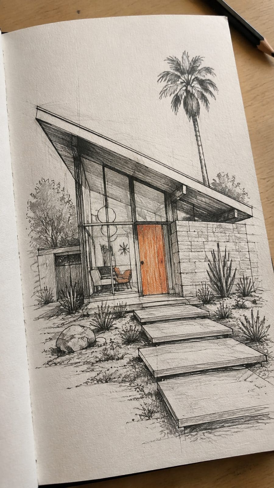 Explore 19 House Drawing Ideas That Blend Imagination with Reality 14 Hand-drawn mid-century modern gem in mixed-media hand drawing on textured paper, shown in a gentle oblique desk view that shows paper — study 2