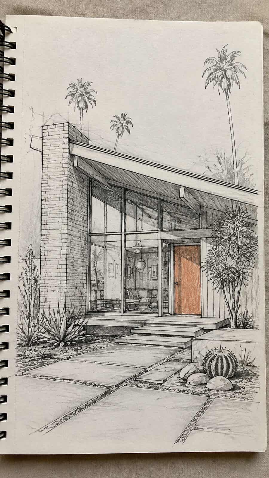Explore 19 House Drawing Ideas That Blend Imagination with Reality 15 Hand-drawn mid-century modern gem in mixed-media hand drawing on textured paper, shown in a close overhead crop — study 3