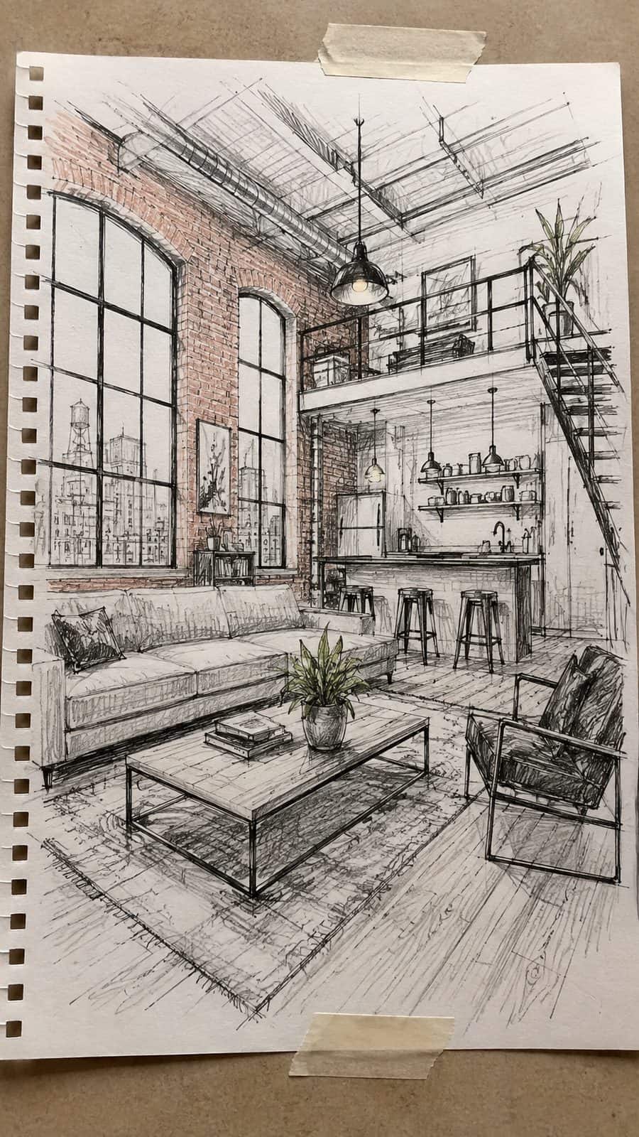 Explore 19 House Drawing Ideas That Blend Imagination with Reality 16 Hand-drawn urban loft living in mixed-media hand drawing on textured paper, shown in a close overhead crop — study 1