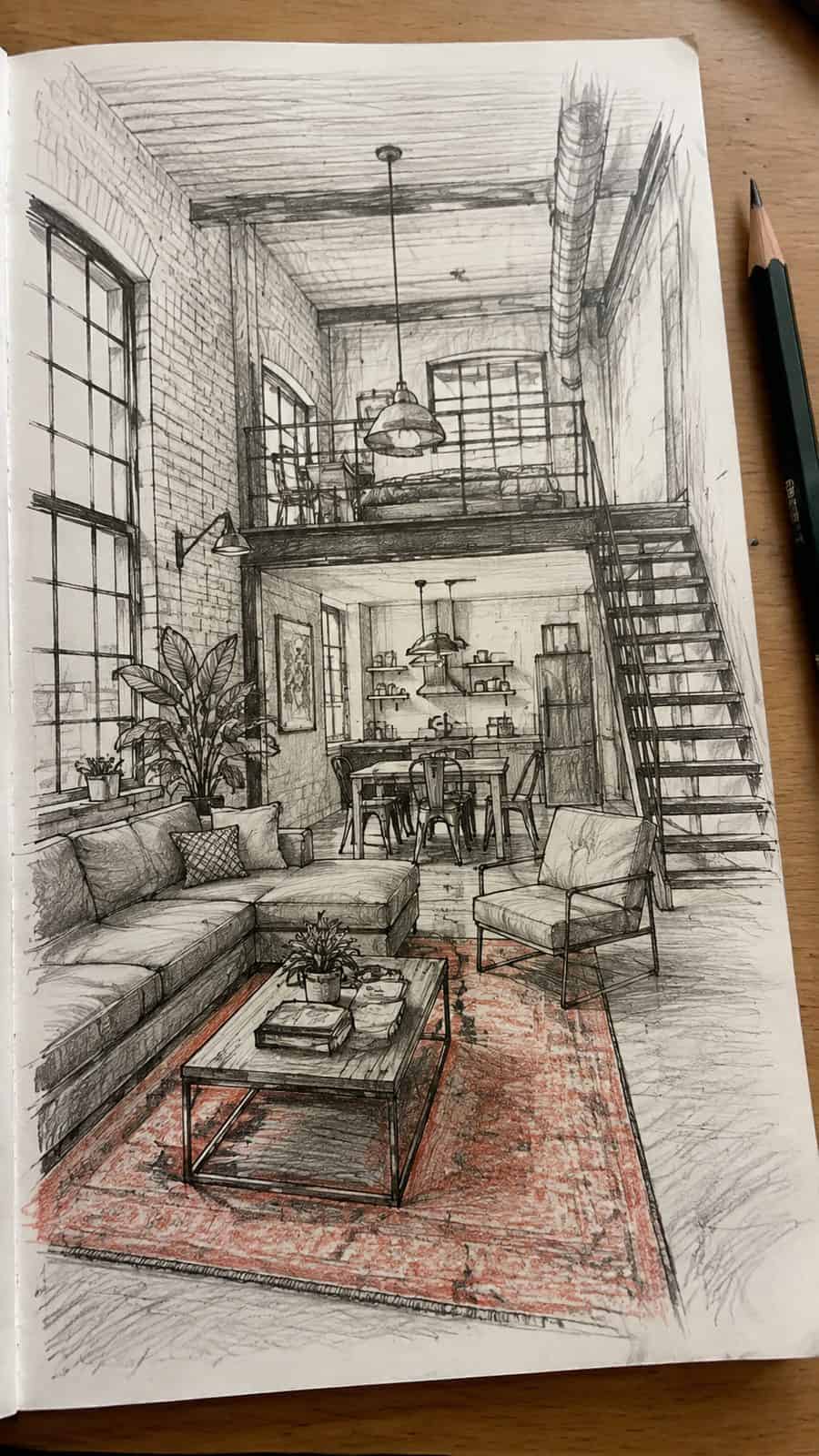 Explore 19 House Drawing Ideas That Blend Imagination with Reality 17 Hand-drawn urban loft living in mixed-media hand drawing on textured paper, shown in a slightly off-center overhead composition, like — study 2