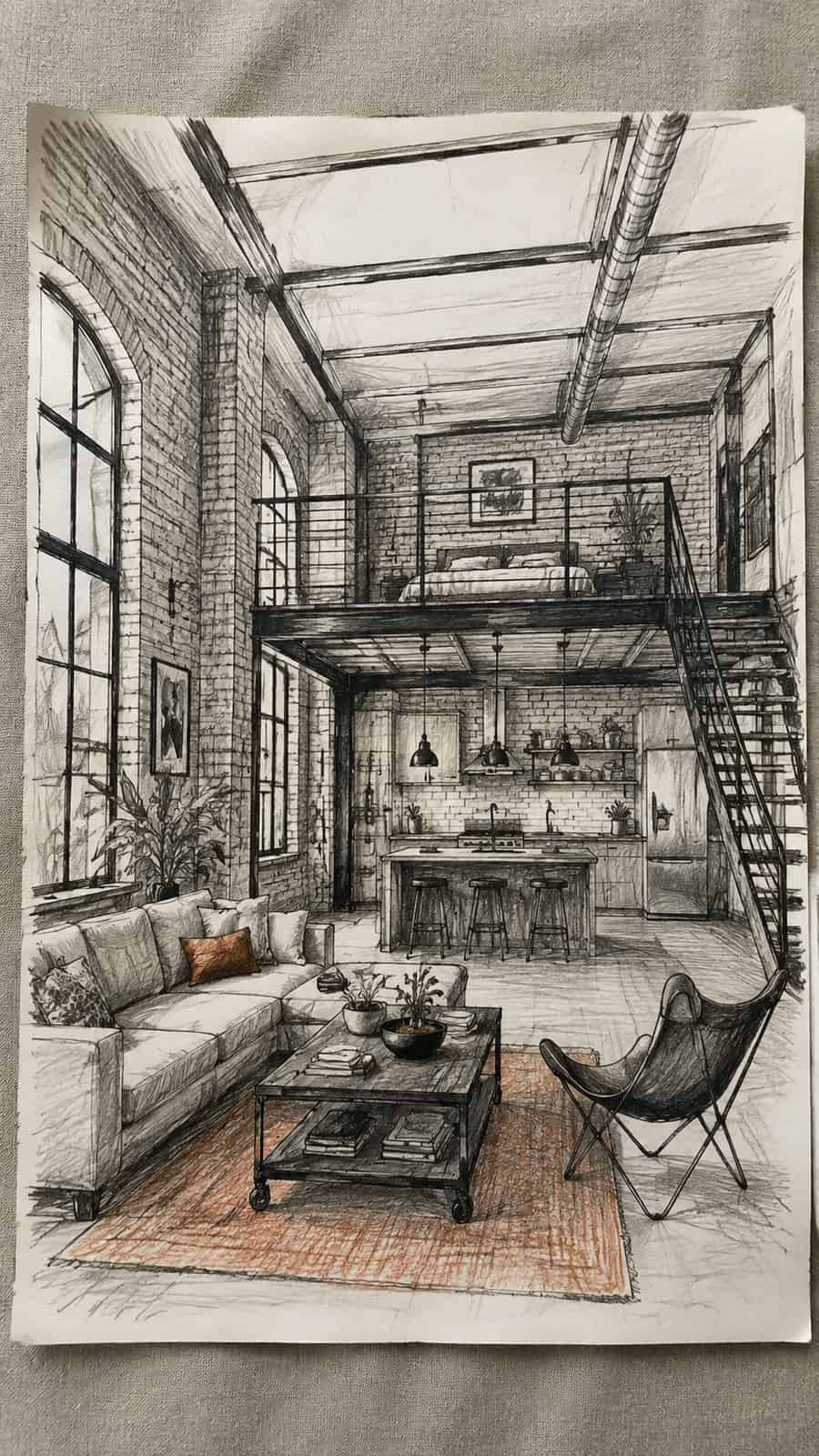 Explore 19 House Drawing Ideas That Blend Imagination with Reality 18 Hand-drawn urban loft living in mixed-media hand drawing on textured paper, shown in a straight overhead view — study 3