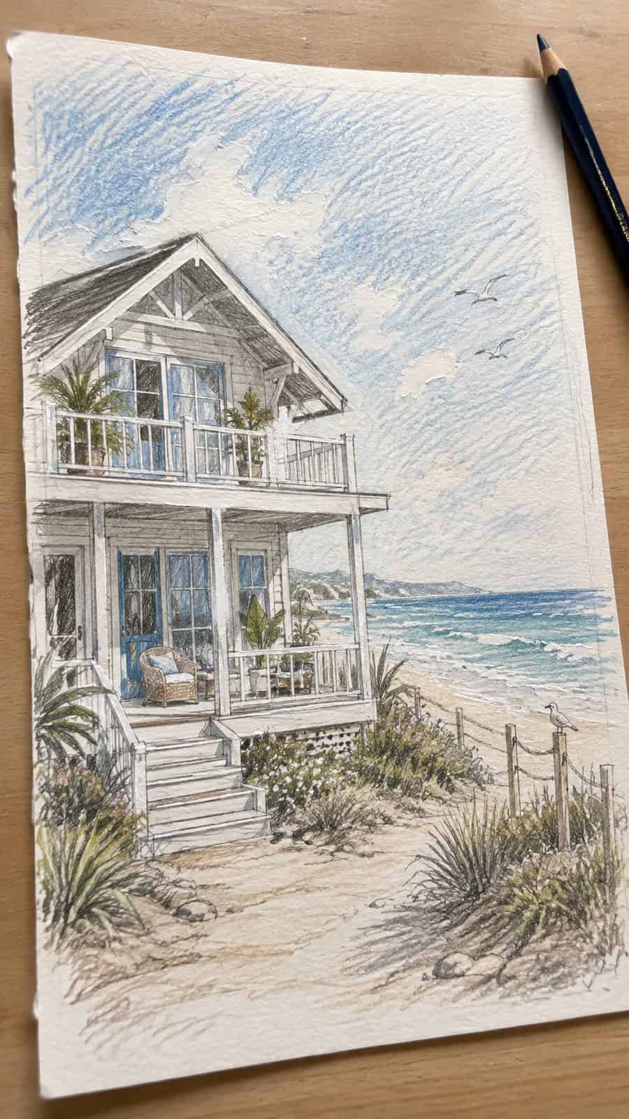 Explore 19 House Drawing Ideas That Blend Imagination with Reality 19 Hand-drawn coastal beach house in colored-pencil and gouache drawing on textured paper, shown in a close overhead crop — study 1