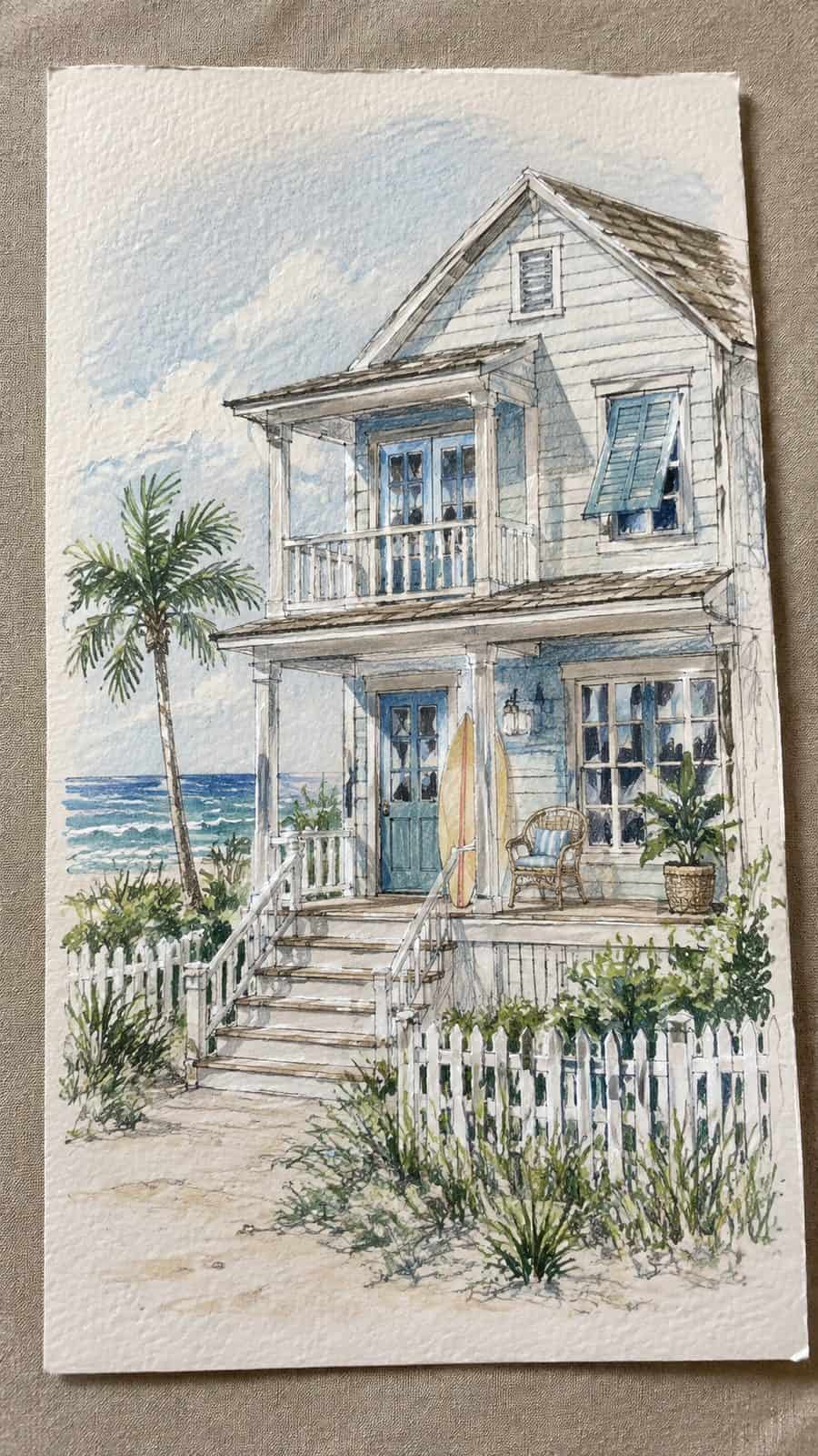 Explore 19 House Drawing Ideas That Blend Imagination with Reality 20 Hand-drawn coastal beach house in colored-pencil and gouache drawing on textured paper, shown in a slightly off-center overhead — study 2