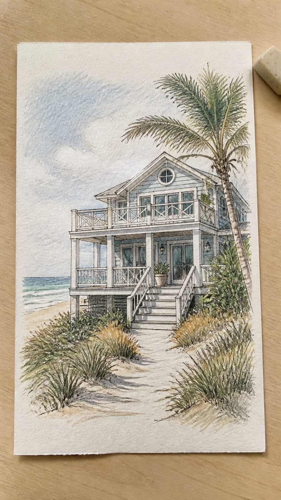 Explore 19 House Drawing Ideas That Blend Imagination with Reality 21 Hand-drawn coastal beach house in colored-pencil and gouache drawing on textured paper, shown in a straight overhead view — study 3