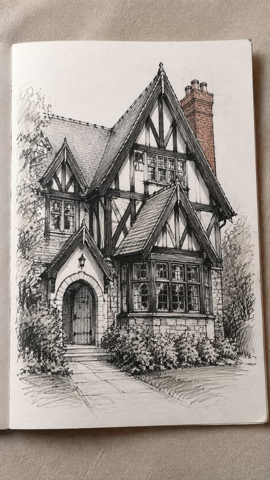 Explore 19 House Drawing Ideas That Blend Imagination with Reality 22 Hand-drawn tudor style timelessness in mixed-media hand drawing on textured paper, shown in a slightly off-center overhead — study 1