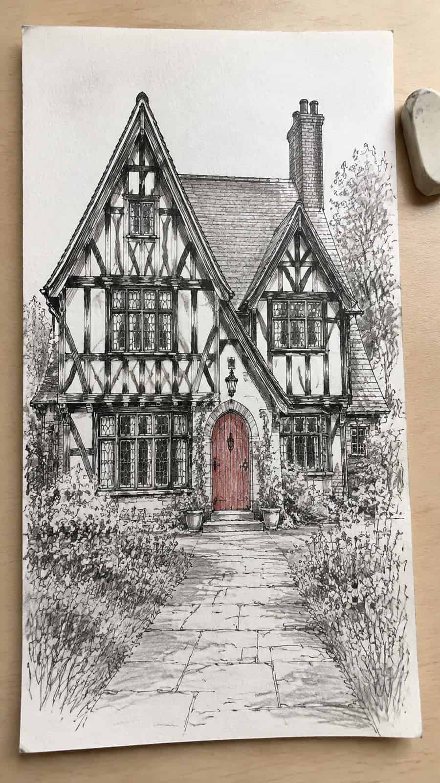 Explore 19 House Drawing Ideas That Blend Imagination with Reality 23 Hand-drawn tudor style timelessness in mixed-media hand drawing on textured paper, shown in a straight overhead view — study 2