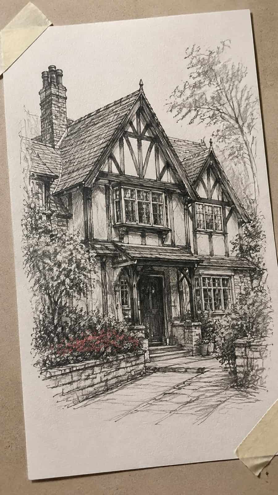 Explore 19 House Drawing Ideas That Blend Imagination with Reality 24 Hand-drawn tudor style timelessness in mixed-media hand drawing on textured paper, shown in a gentle oblique desk view that shows — study 3
