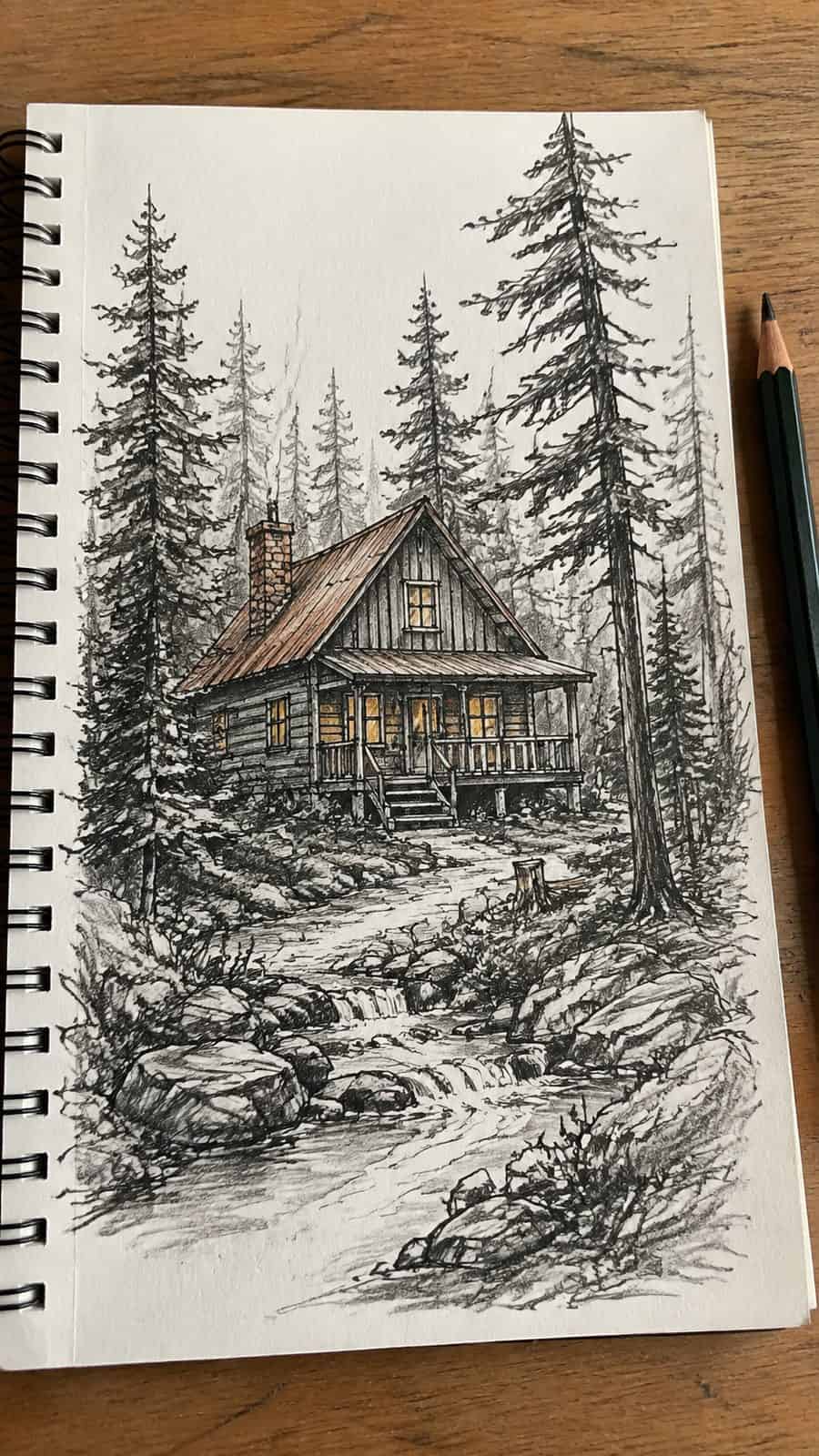 Explore 19 House Drawing Ideas That Blend Imagination with Reality 25 Hand-drawn cabin in the woods in mixed-media hand drawing on textured paper, shown in a slightly off-center overhead composition, like — study 1