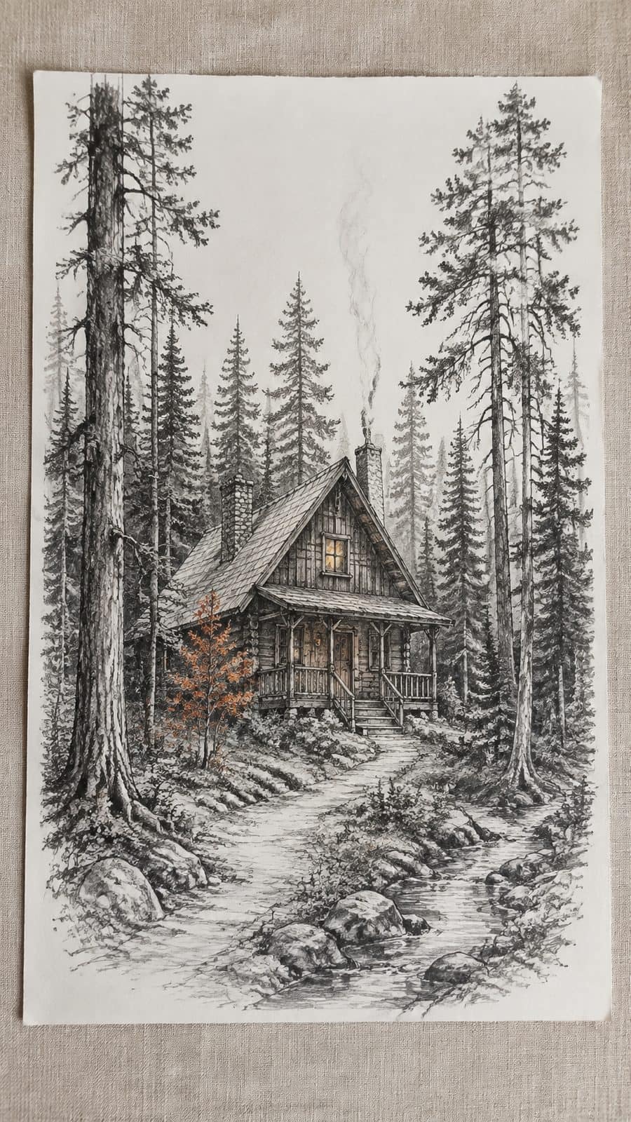 Explore 19 House Drawing Ideas That Blend Imagination with Reality 26 Hand-drawn cabin in the woods in mixed-media hand drawing on textured paper, shown in a straight overhead view — study 2