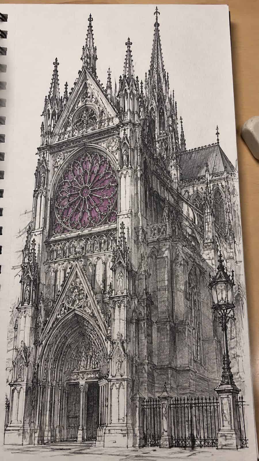 Explore 19 House Drawing Ideas That Blend Imagination with Reality 27 Hand-drawn gothic revival grandeur in mixed-media hand drawing on textured paper, shown in a close overhead crop — study 1