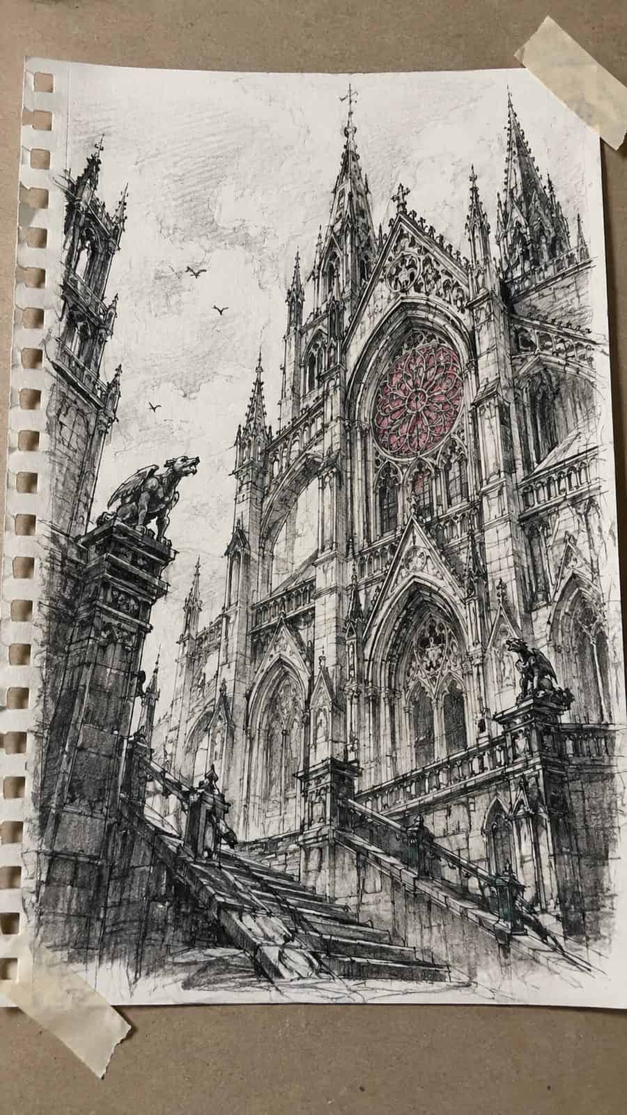 Explore 19 House Drawing Ideas That Blend Imagination with Reality 28 Hand-drawn gothic revival grandeur in mixed-media hand drawing on textured paper, shown in a slightly off-center overhead composition — study 2