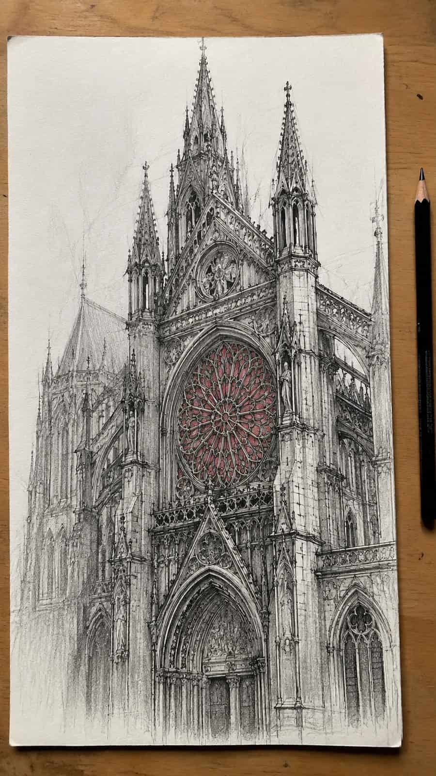 Explore 19 House Drawing Ideas That Blend Imagination with Reality 29 Hand-drawn gothic revival grandeur in mixed-media hand drawing on textured paper, shown in a straight overhead view — study 3