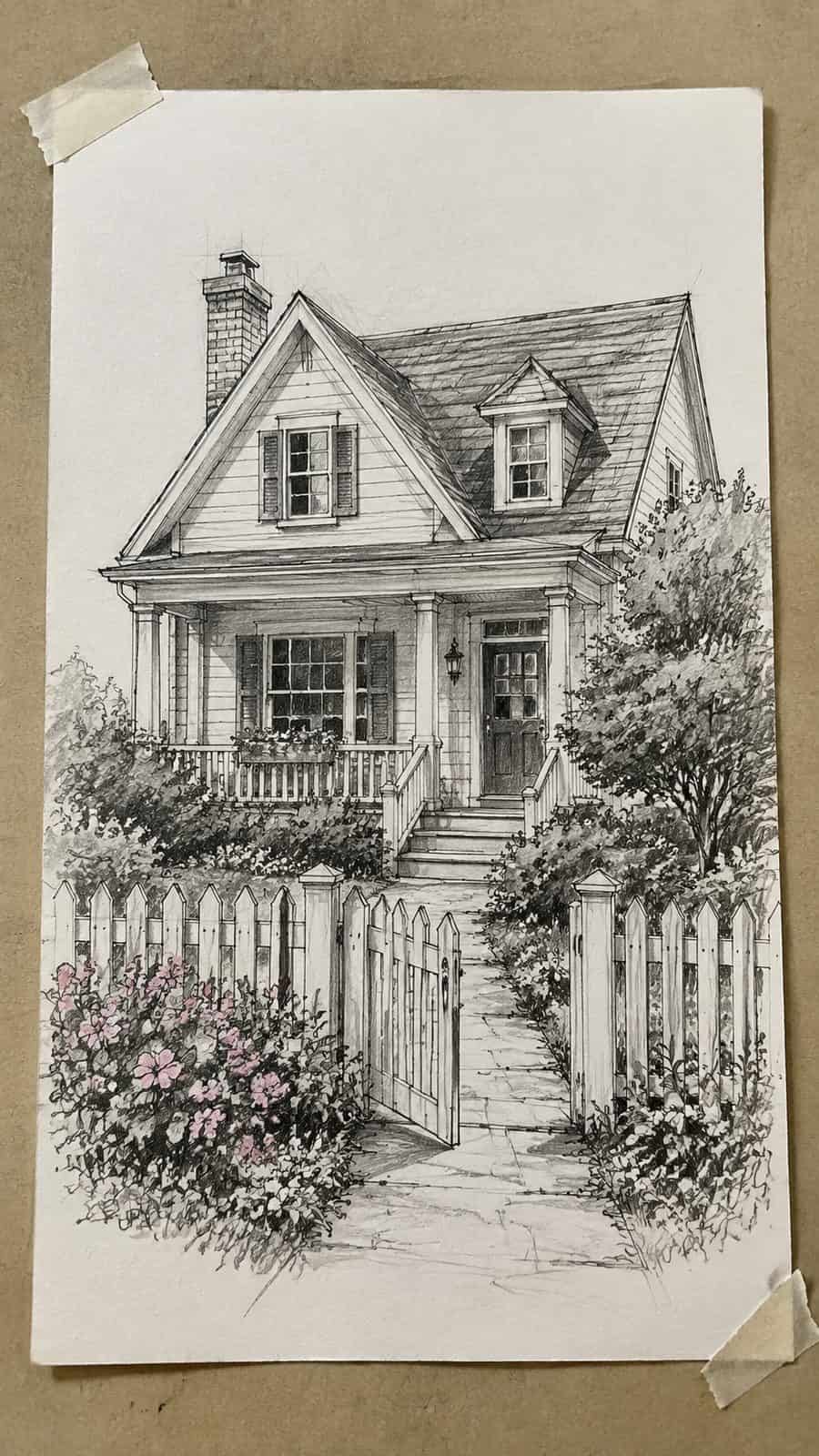 Explore 19 House Drawing Ideas That Blend Imagination with Reality 30 Hand-drawn charming suburban haven in mixed-media hand drawing on textured paper, shown in a straight overhead view — study 1