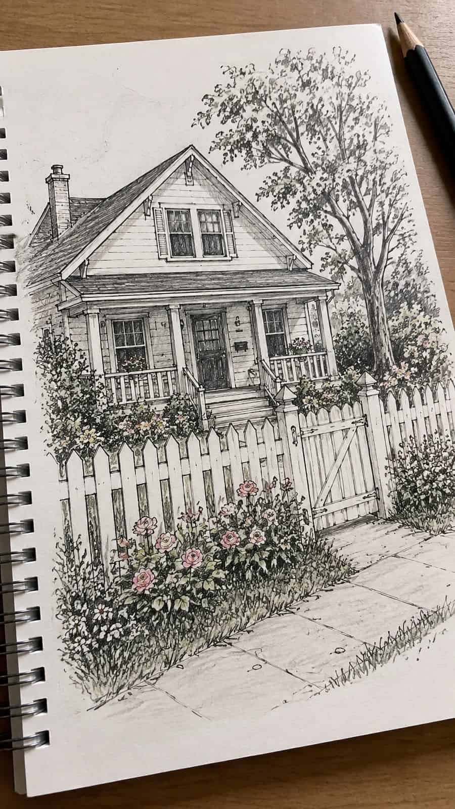 Explore 19 House Drawing Ideas That Blend Imagination with Reality 31 Hand-drawn charming suburban haven in mixed-media hand drawing on textured paper, shown in a gentle oblique desk view that shows paper — study 2