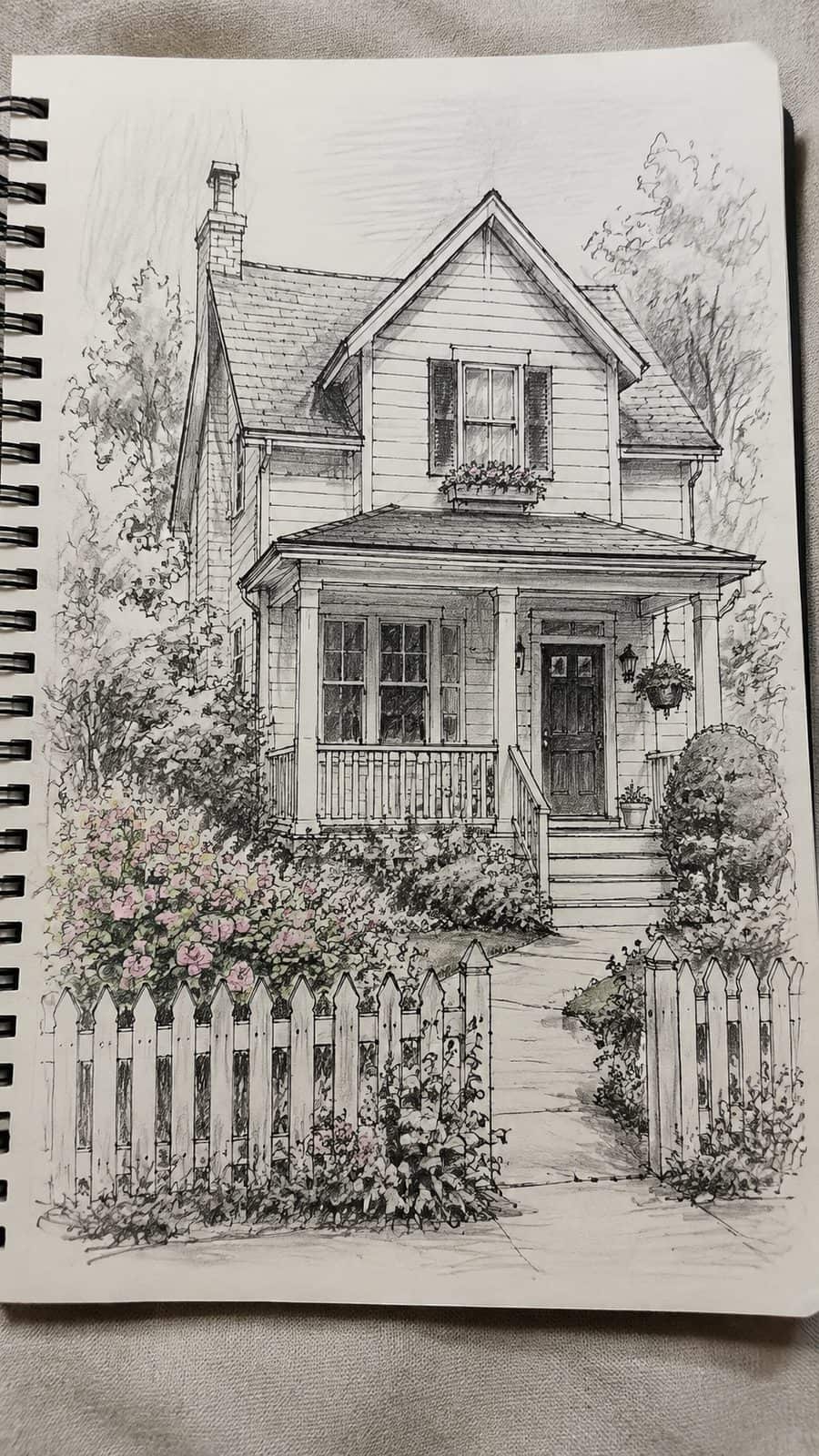 Explore 19 House Drawing Ideas That Blend Imagination with Reality 32 Hand-drawn charming suburban haven in mixed-media hand drawing on textured paper, shown in a close overhead crop — study 3