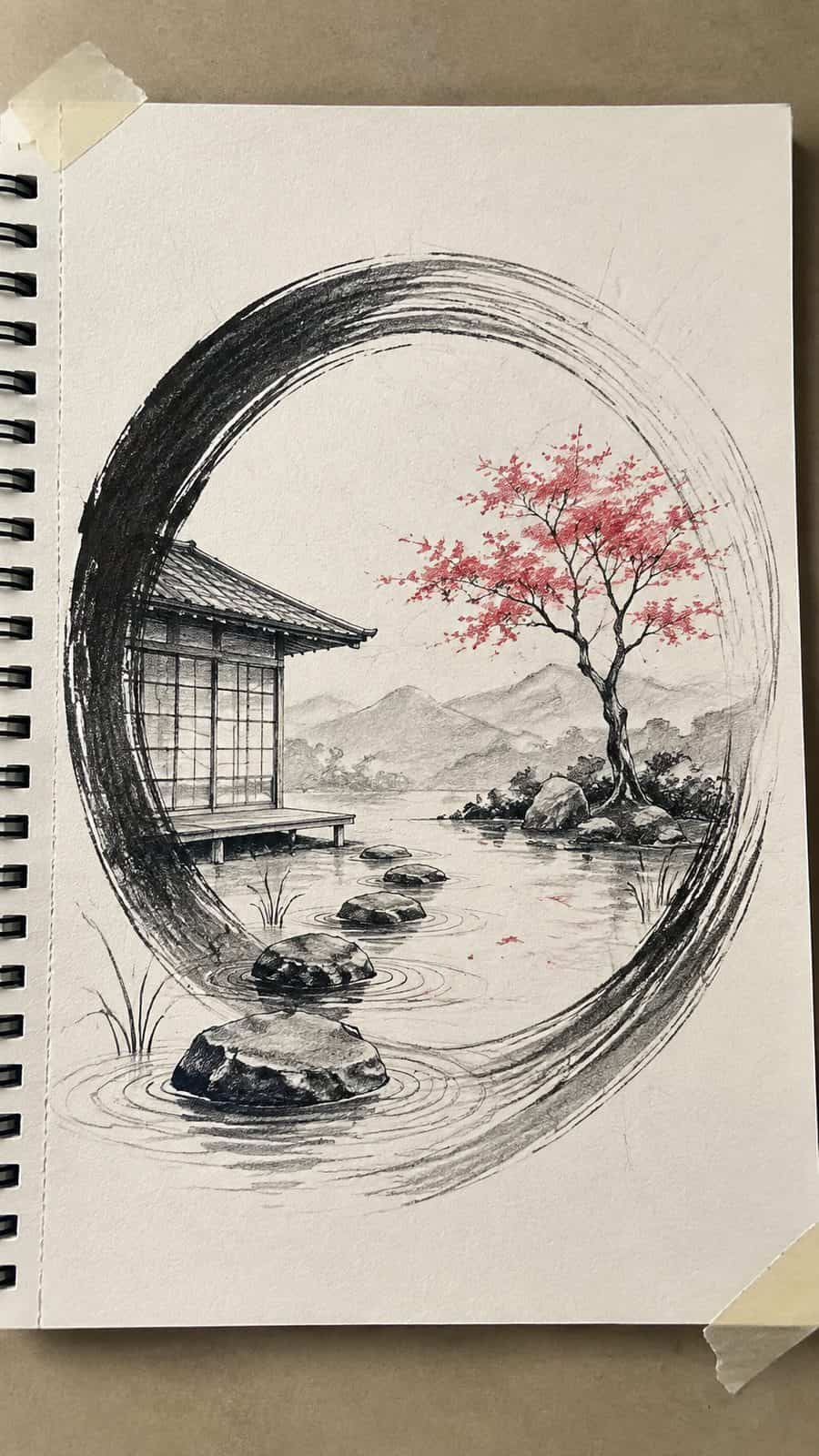 Explore 19 House Drawing Ideas That Blend Imagination with Reality 33 Hand-drawn japanese zen escape in mixed-media hand drawing on textured paper, shown in a close overhead crop — study 1