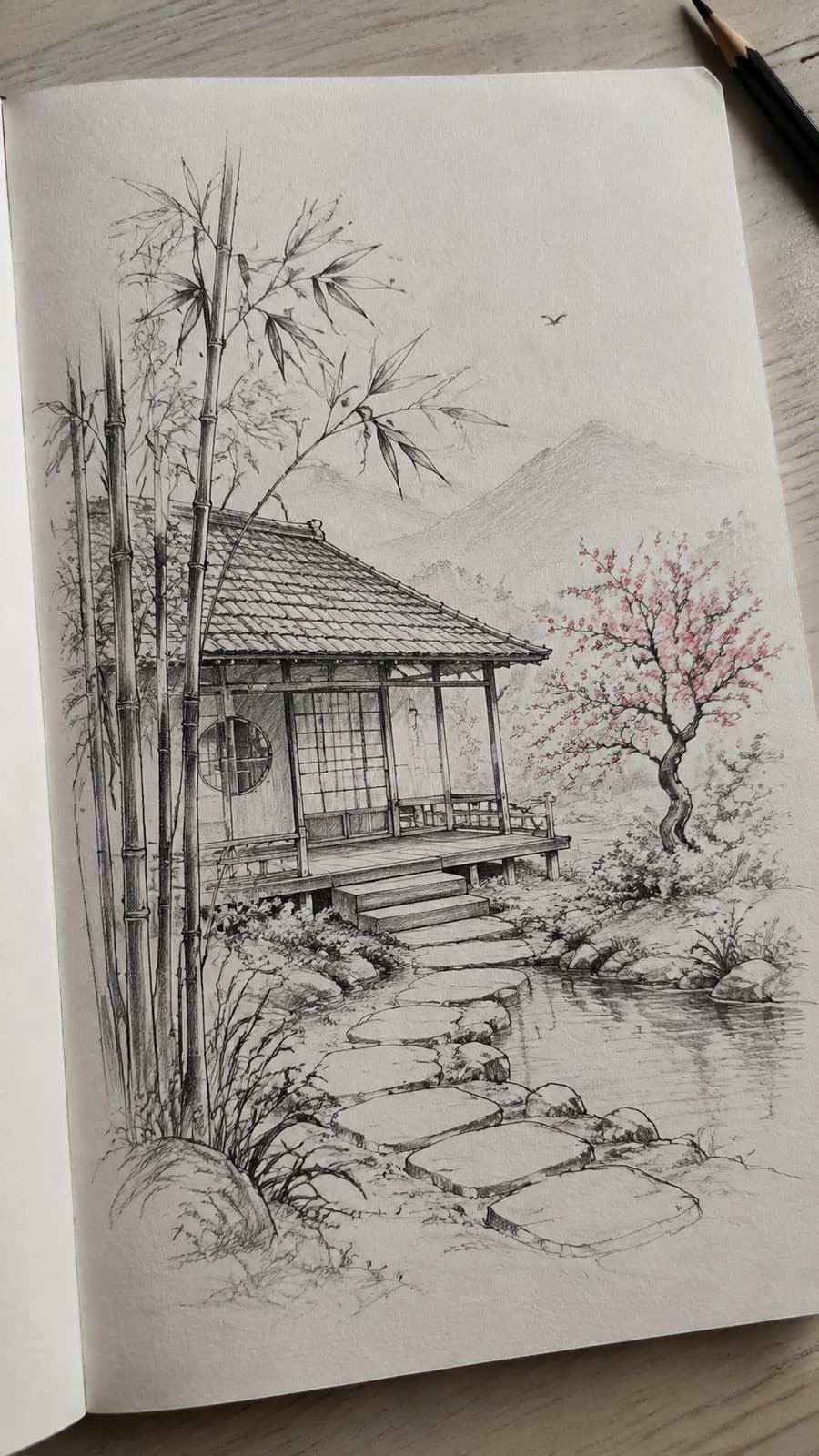 Explore 19 House Drawing Ideas That Blend Imagination with Reality 34 Hand-drawn japanese zen escape in mixed-media hand drawing on textured paper, shown in a slightly off-center overhead composition — study 2