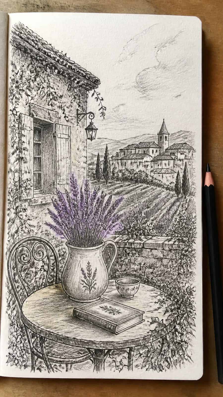 Explore 19 House Drawing Ideas That Blend Imagination with Reality 35 Hand-drawn french country fantasy in mixed-media hand drawing on textured paper, shown in a straight overhead view — study 1