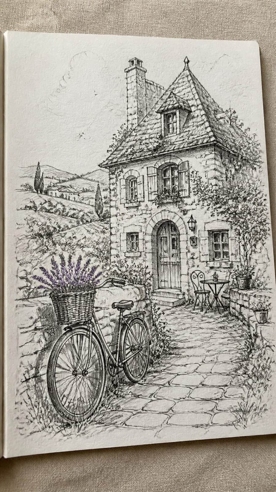 Explore 19 House Drawing Ideas That Blend Imagination with Reality 36 Hand-drawn french country fantasy in mixed-media hand drawing on textured paper, shown in a gentle oblique desk view that shows paper — study 2