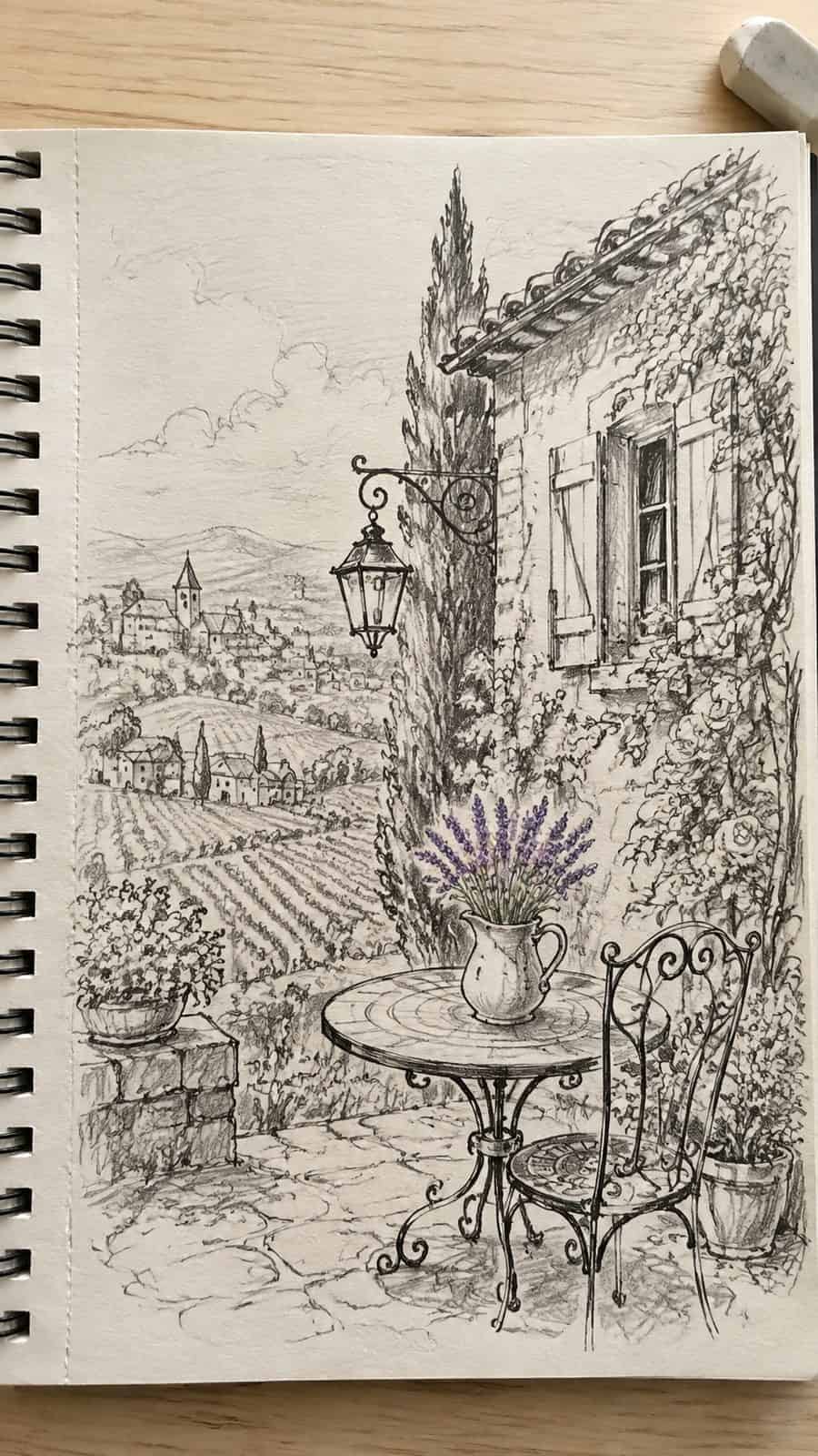 Explore 19 House Drawing Ideas That Blend Imagination with Reality 37 Hand-drawn french country fantasy in mixed-media hand drawing on textured paper, shown in a close overhead crop — study 3