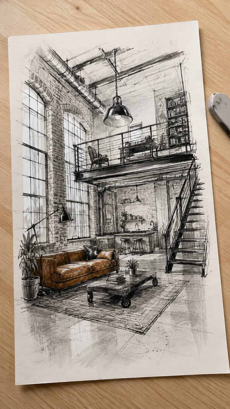 Explore 19 House Drawing Ideas That Blend Imagination with Reality 38 Hand-drawn industrial warehouse chic in mixed-media hand drawing on textured paper, shown in a gentle oblique desk view that shows — study 1