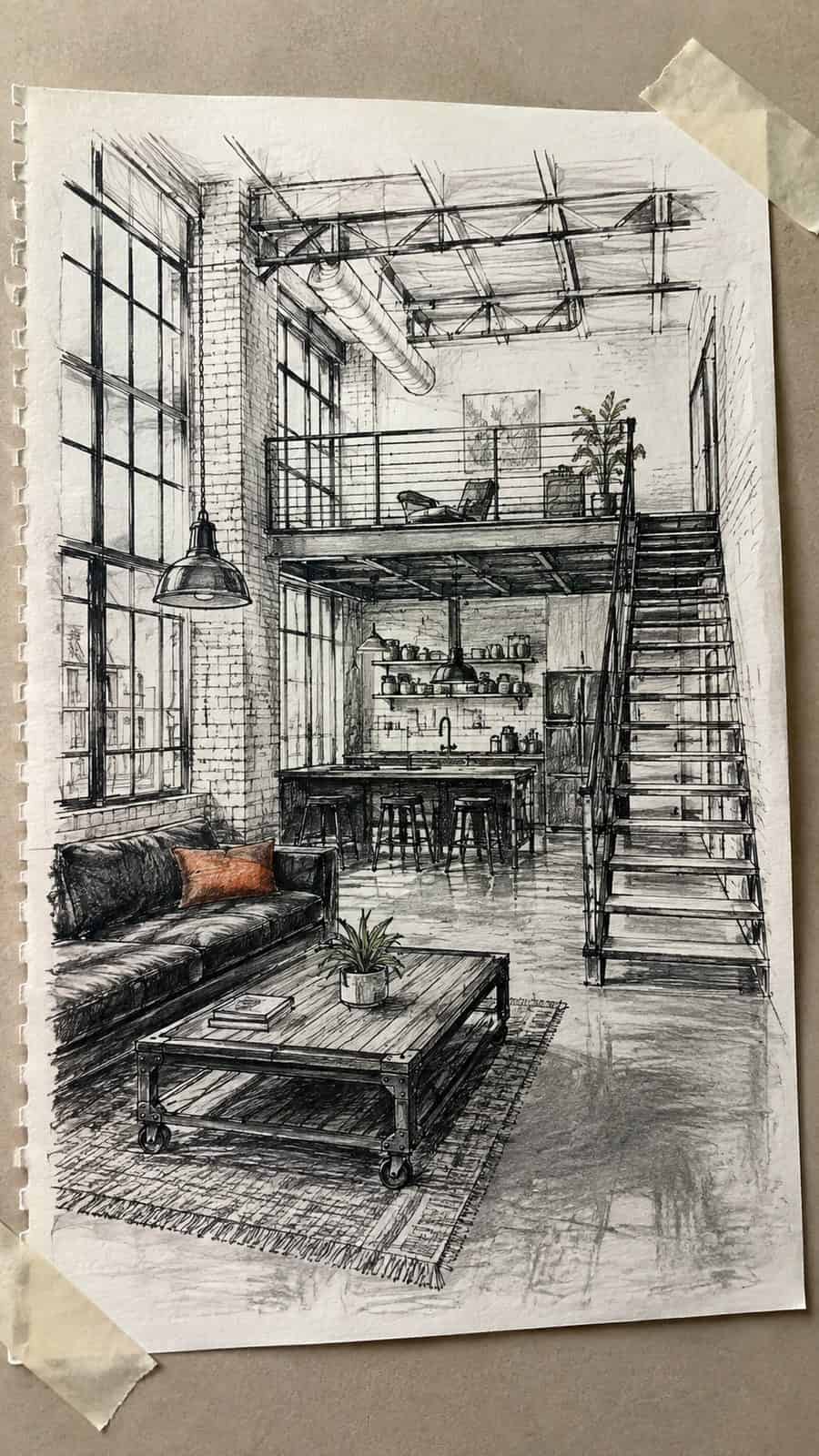 Explore 19 House Drawing Ideas That Blend Imagination with Reality 39 Hand-drawn industrial warehouse chic in mixed-media hand drawing on textured paper, shown in a close overhead crop — study 2