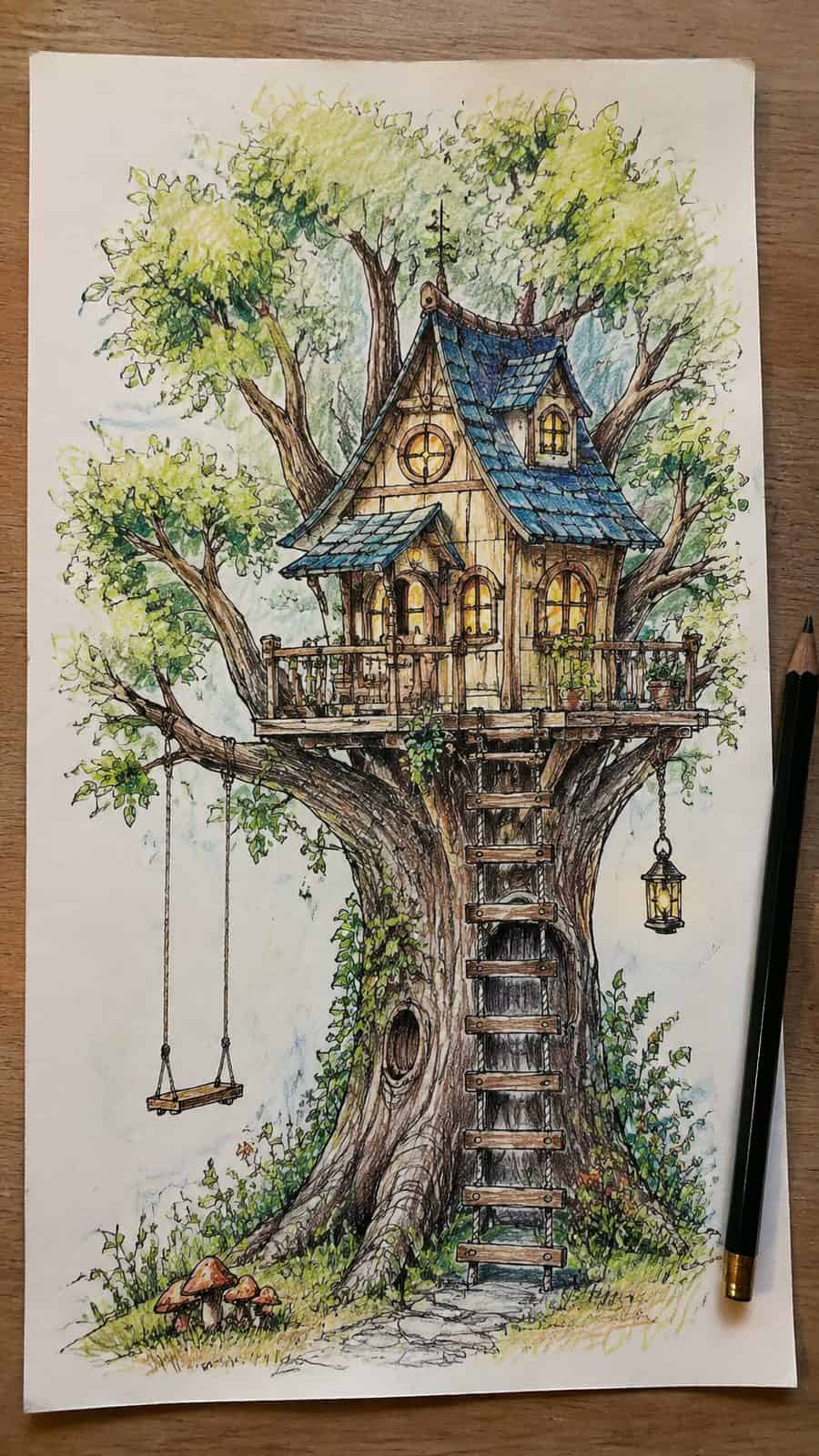 Explore 19 House Drawing Ideas That Blend Imagination with Reality 40 Hand-drawn storybook tree house in colored-pencil drawing on textured paper, shown in a straight overhead view — study 1