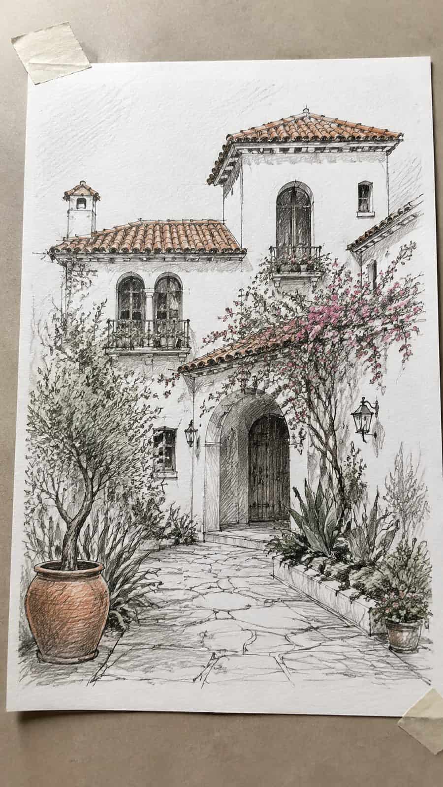 Explore 19 House Drawing Ideas That Blend Imagination with Reality 42 Hand-drawn mediterranean villa vibe in mixed-media hand drawing on textured paper, shown in a gentle oblique desk view that shows — study 1