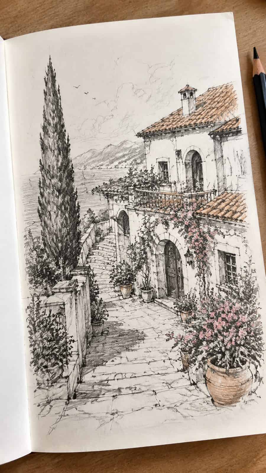 Explore 19 House Drawing Ideas That Blend Imagination with Reality 43 Hand-drawn mediterranean villa vibe in mixed-media hand drawing on textured paper, shown in a close overhead crop — study 2