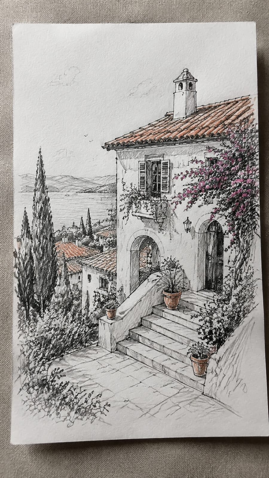 Explore 19 House Drawing Ideas That Blend Imagination with Reality 44 Hand-drawn mediterranean villa vibe in mixed-media hand drawing on textured paper, shown in a slightly off-center overhead — study 3