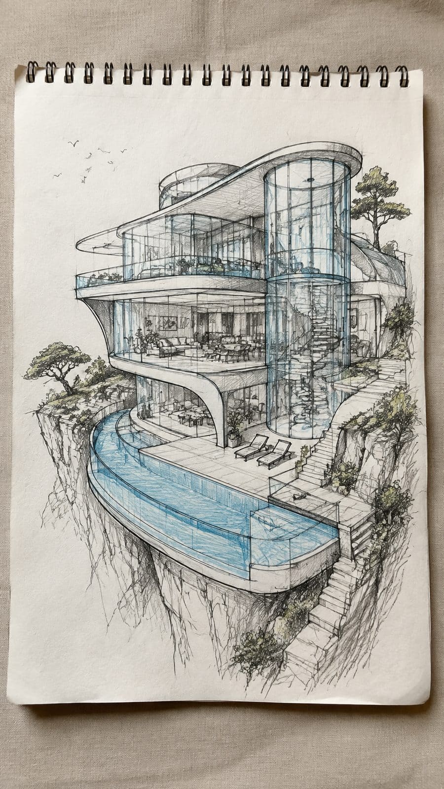 Explore 19 House Drawing Ideas That Blend Imagination with Reality 45 Hand-drawn futuristic glass abode in mixed-media hand drawing on textured paper, shown in a slightly off-center overhead composition — study 1