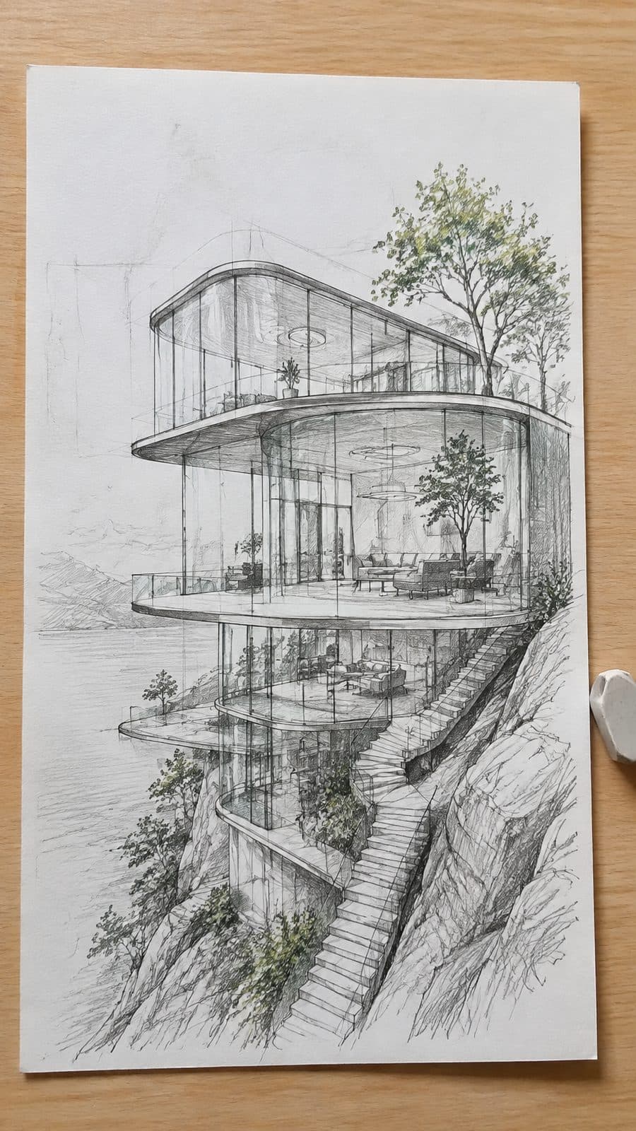 Explore 19 House Drawing Ideas That Blend Imagination with Reality 46 Hand-drawn futuristic glass abode in mixed-media hand drawing on textured paper, shown in a straight overhead view — study 2