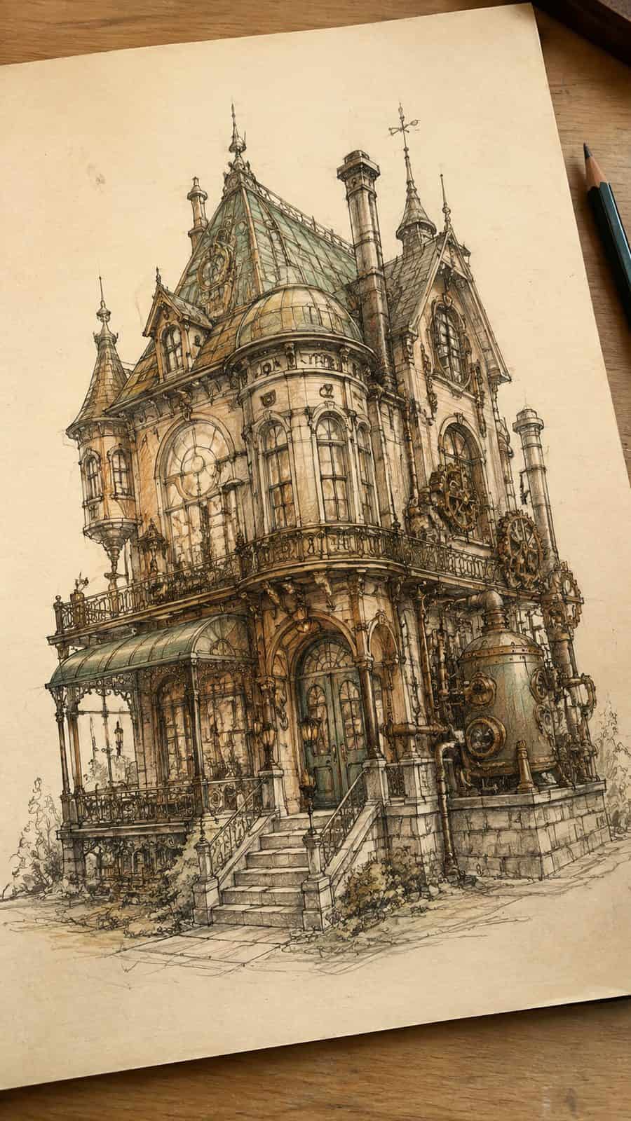 Explore 19 House Drawing Ideas That Blend Imagination with Reality 47 Hand-drawn victorian steampunk fusion in sepia ink drawing on textured paper, shown in a gentle oblique desk view that shows paper — study 1