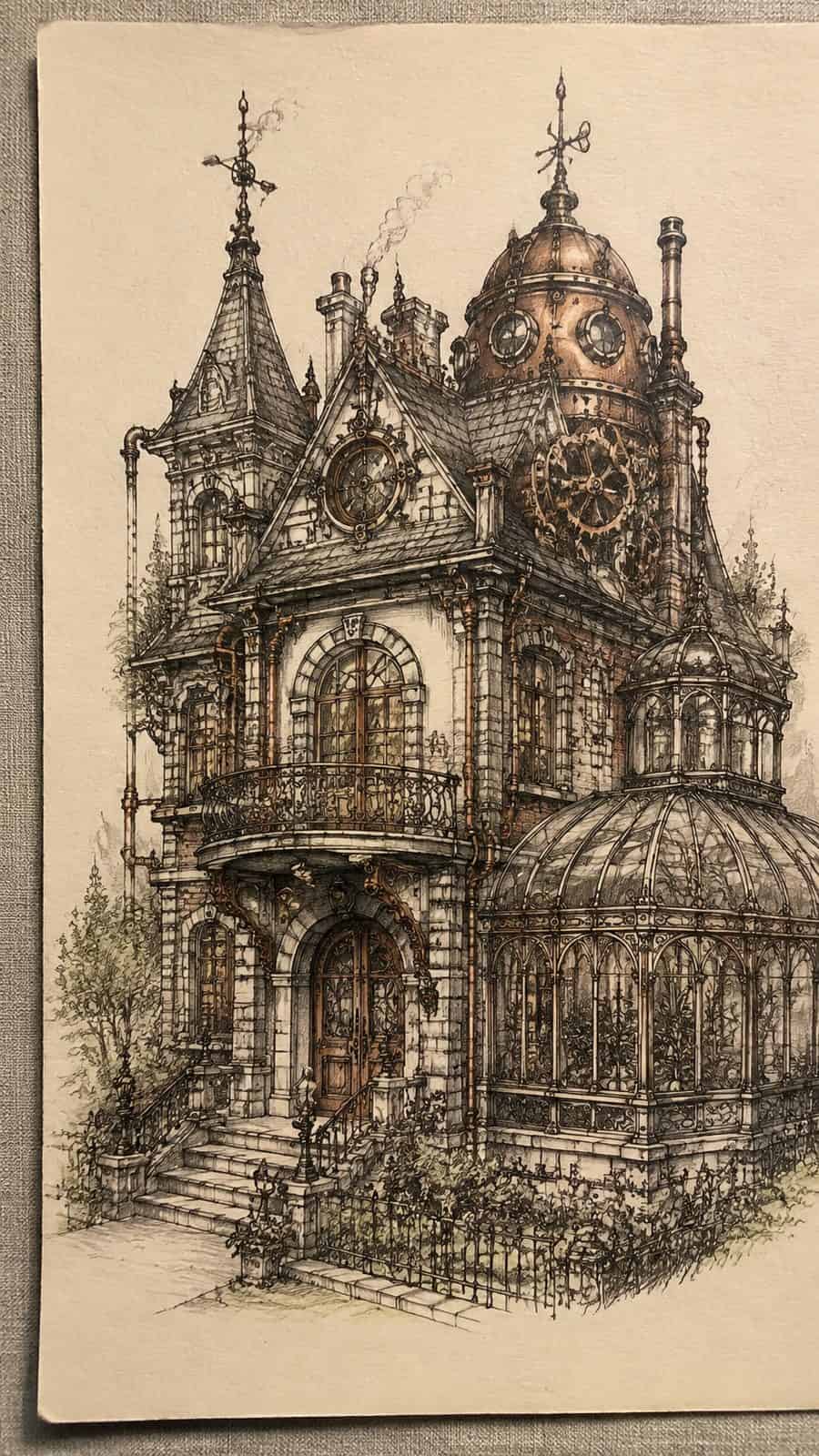 Explore 19 House Drawing Ideas That Blend Imagination with Reality 48 Hand-drawn victorian steampunk fusion in sepia ink drawing on textured paper, shown in a close overhead crop — study 2
