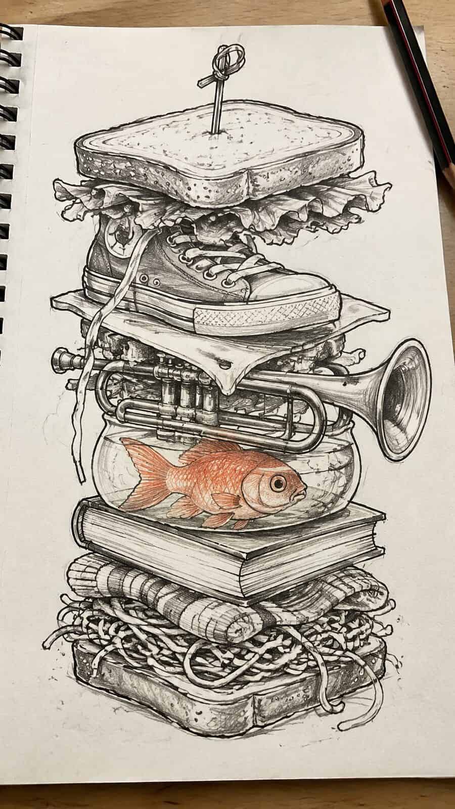 20 Hilarious Drawing Ideas Guaranteed to Make You Laugh 3 Hand-drawn the silly sandwich stack in mixed-media hand drawing on textured paper, shown in a close overhead crop — study 2