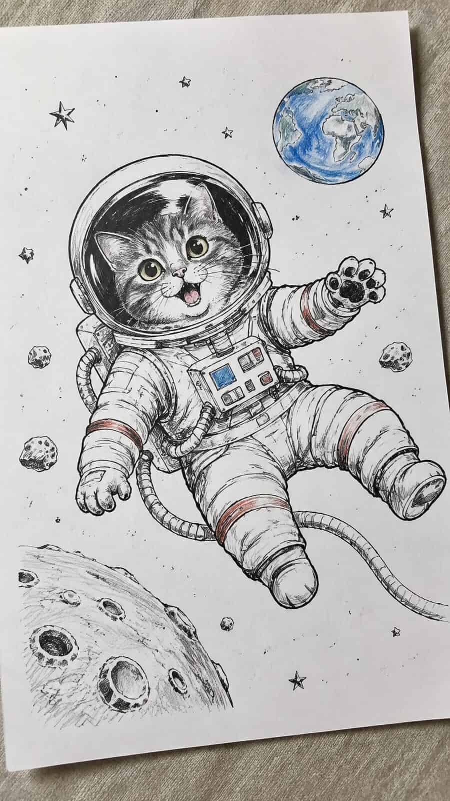 20 Hilarious Drawing Ideas Guaranteed to Make You Laugh 4 Hand-drawn cat in a spacesuit in ink and colored-pencil drawing on textured paper, shown in a gentle oblique desk view that shows — study 1