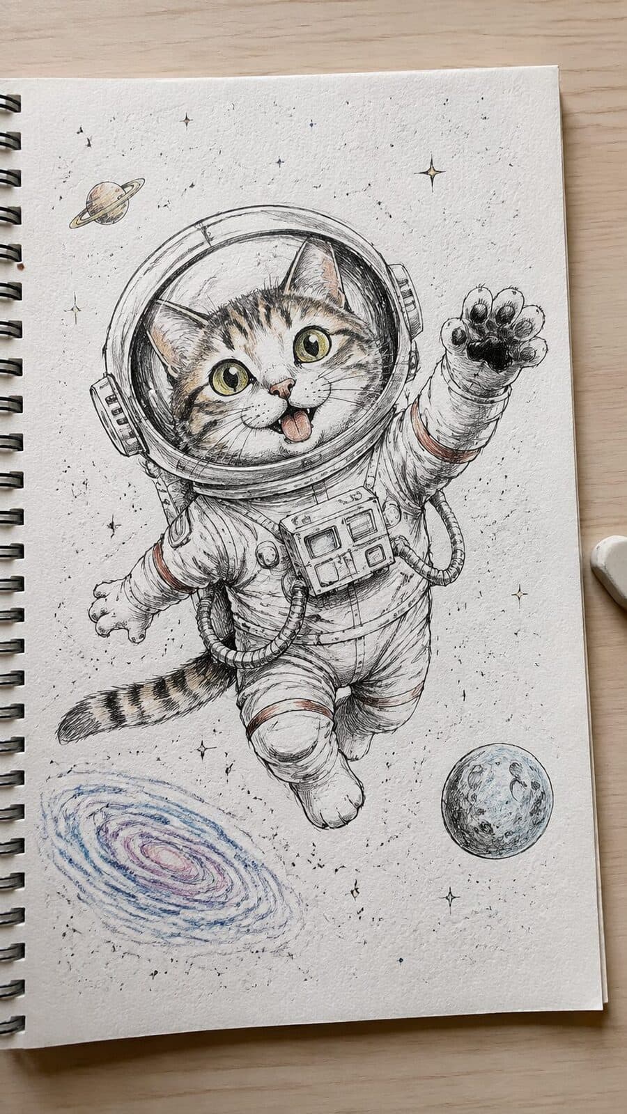 20 Hilarious Drawing Ideas Guaranteed to Make You Laugh 5 Hand-drawn cat in a spacesuit in ink and colored-pencil drawing on textured paper, shown in a close overhead crop — study 2