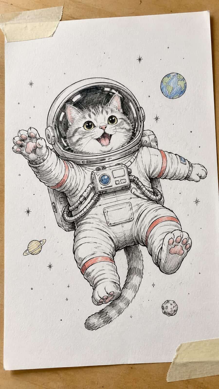 20 Hilarious Drawing Ideas Guaranteed to Make You Laugh 6 Hand-drawn cat in a spacesuit in ink and colored-pencil drawing on textured paper, shown in a slightly off-center overhead — study 3