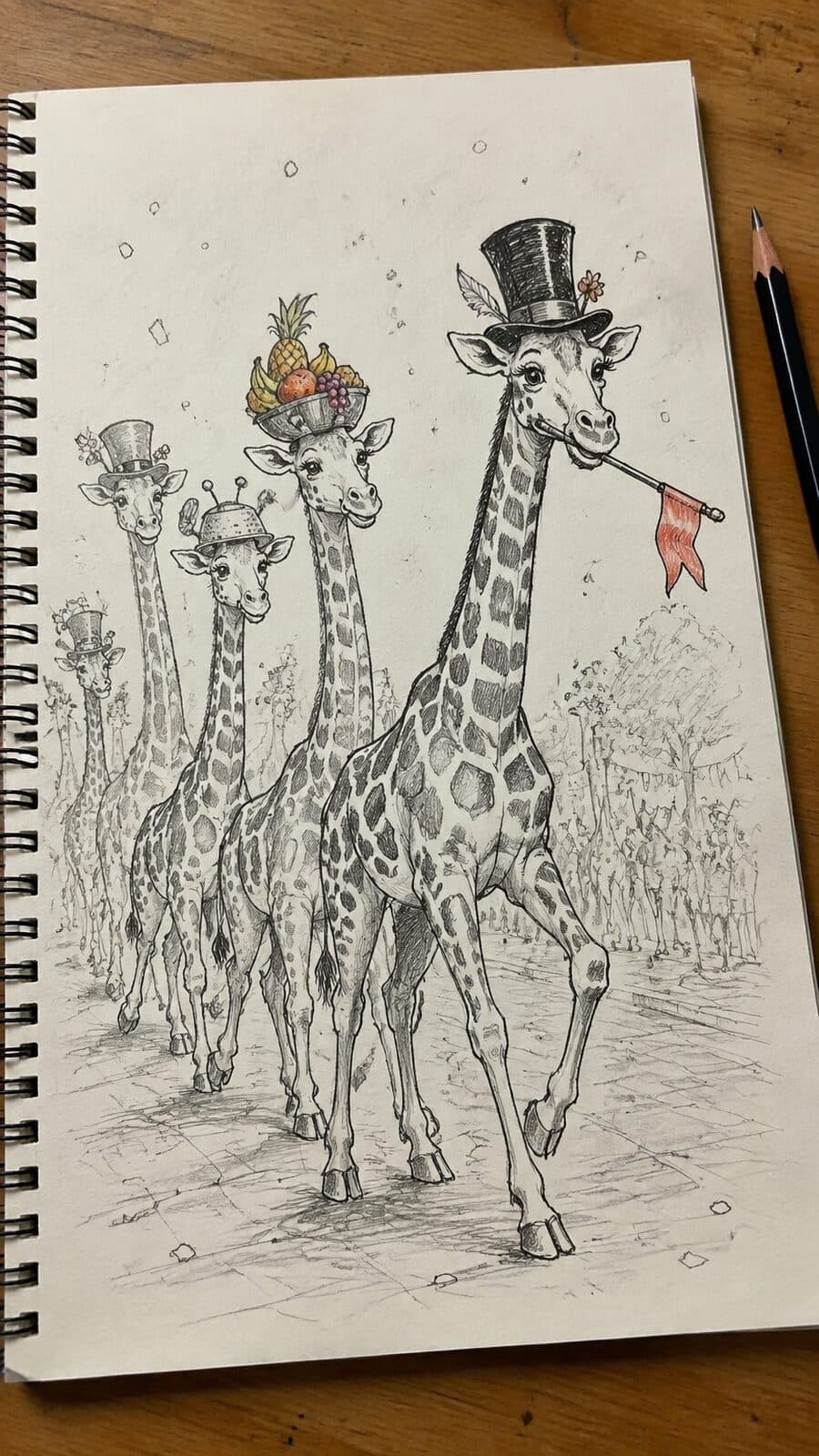 20 Hilarious Drawing Ideas Guaranteed to Make You Laugh 7 Hand-drawn the mischievous giraffe hat parade in mixed-media hand drawing on textured paper, shown in a slightly off-center overhead — study 1