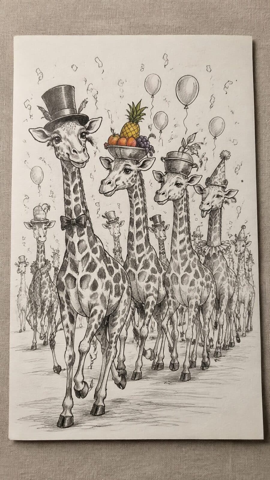 20 Hilarious Drawing Ideas Guaranteed to Make You Laugh 8 Hand-drawn the mischievous giraffe hat parade in mixed-media hand drawing on textured paper, shown in a straight overhead view — study 2