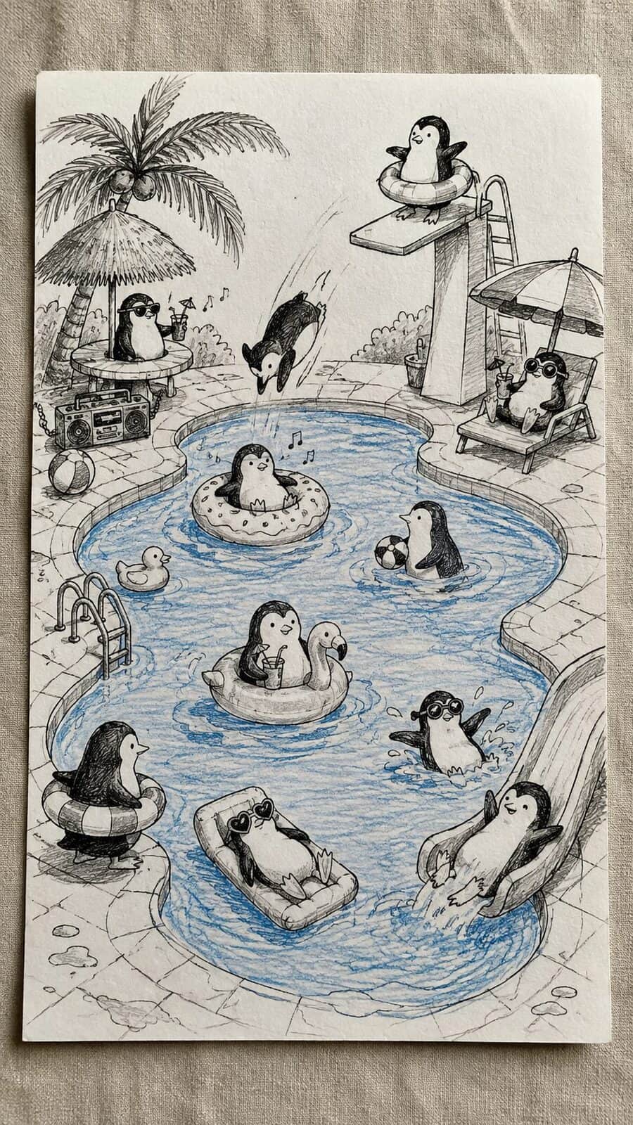 20 Hilarious Drawing Ideas Guaranteed to Make You Laugh 9 Hand-drawn the penguin pool party in mixed-media hand drawing on textured paper, shown in a straight overhead view — study 1