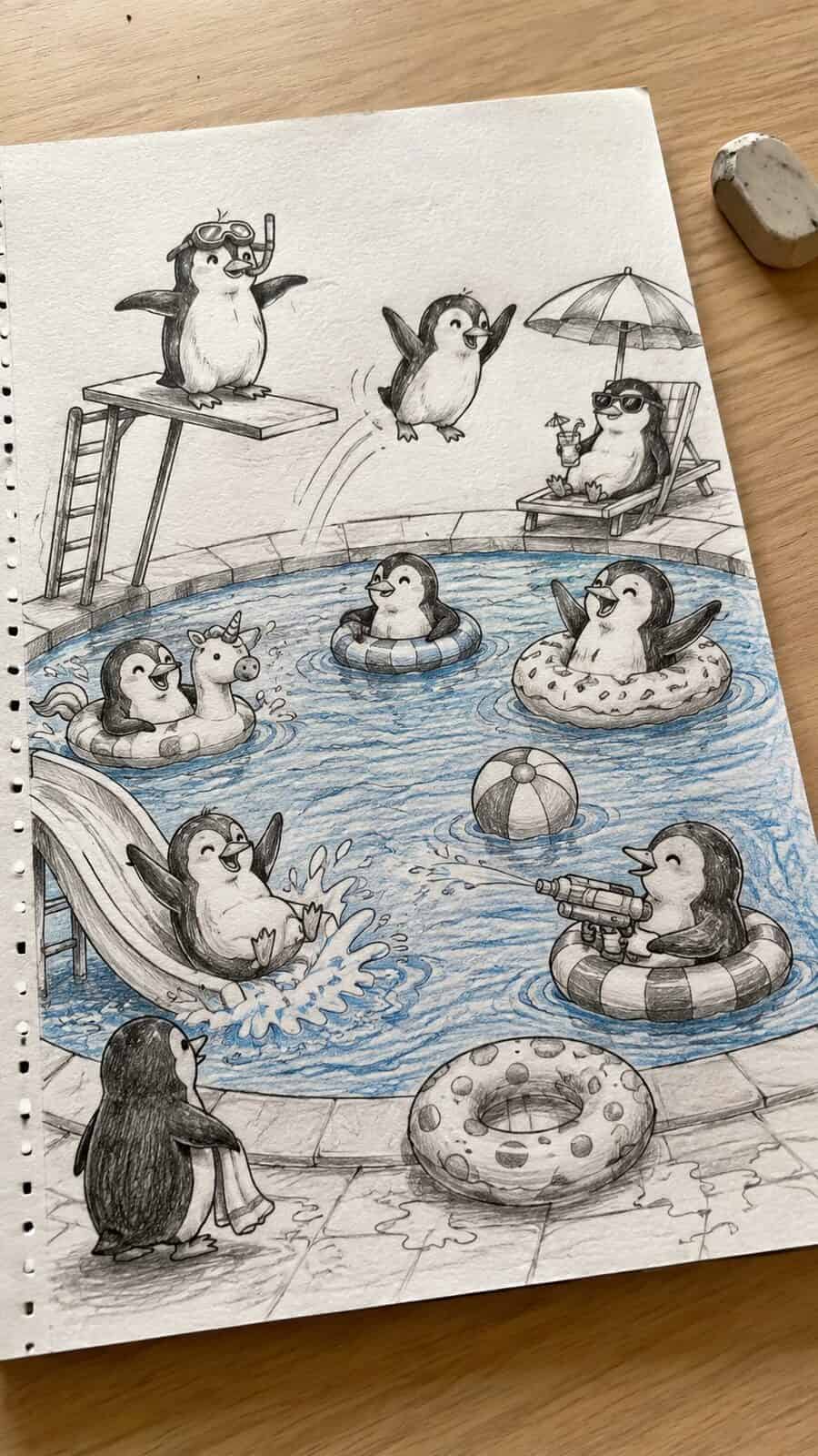 20 Hilarious Drawing Ideas Guaranteed to Make You Laugh 10 Hand-drawn the penguin pool party in mixed-media hand drawing on textured paper, shown in a gentle oblique desk view that shows paper — study 2