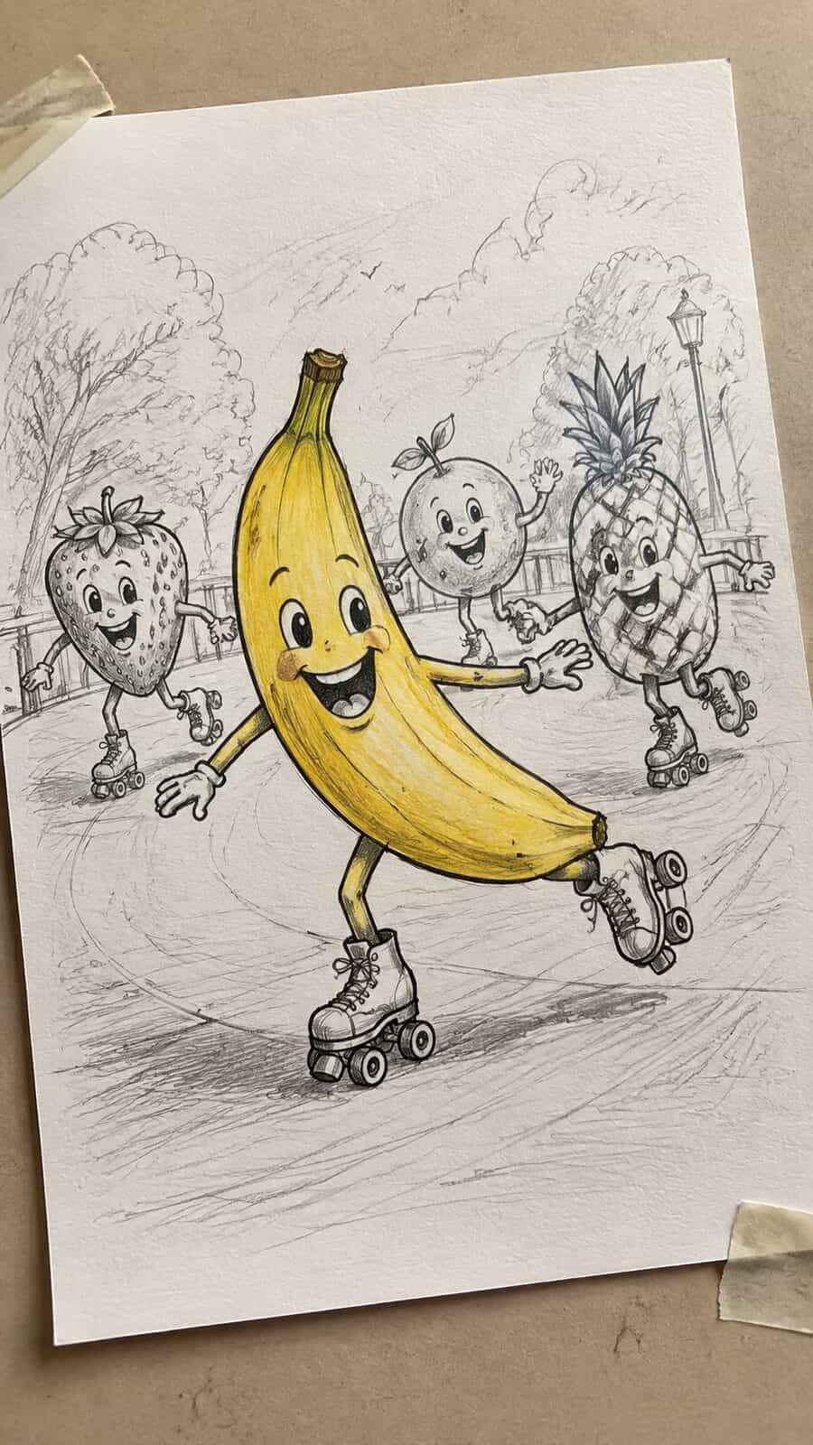 20 Hilarious Drawing Ideas Guaranteed to Make You Laugh 11 Hand-drawn banana roller skating adventure in mixed-media hand drawing on textured paper, shown in a gentle oblique desk view that — study 1