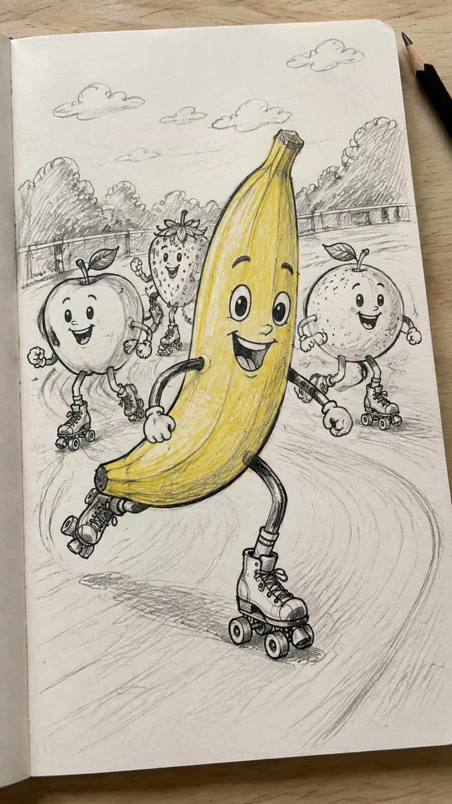 20 Hilarious Drawing Ideas Guaranteed to Make You Laugh 12 Hand-drawn banana roller skating adventure in mixed-media hand drawing on textured paper, shown in a close overhead crop — study 2