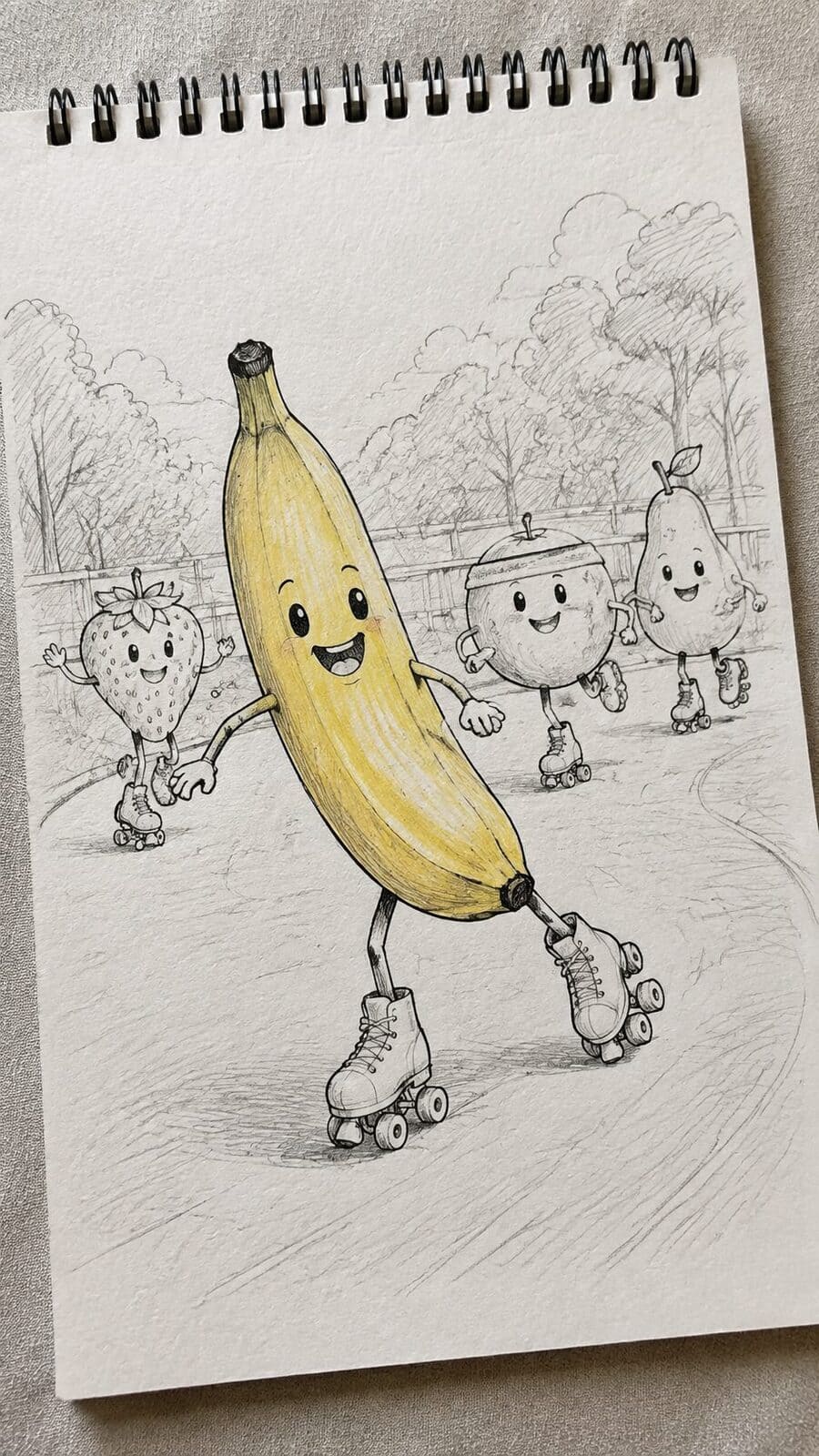 20 Hilarious Drawing Ideas Guaranteed to Make You Laugh 13 Hand-drawn banana roller skating adventure in mixed-media hand drawing on textured paper, shown in a slightly off-center overhead — study 3
