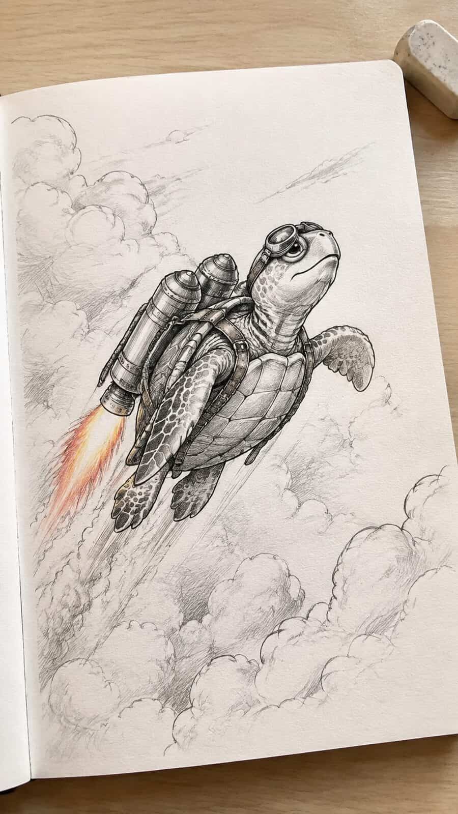 20 Hilarious Drawing Ideas Guaranteed to Make You Laugh 14 Hand-drawn turtle with a jetpack in mixed-media hand drawing on textured paper, shown in a slightly off-center overhead composition — study 1