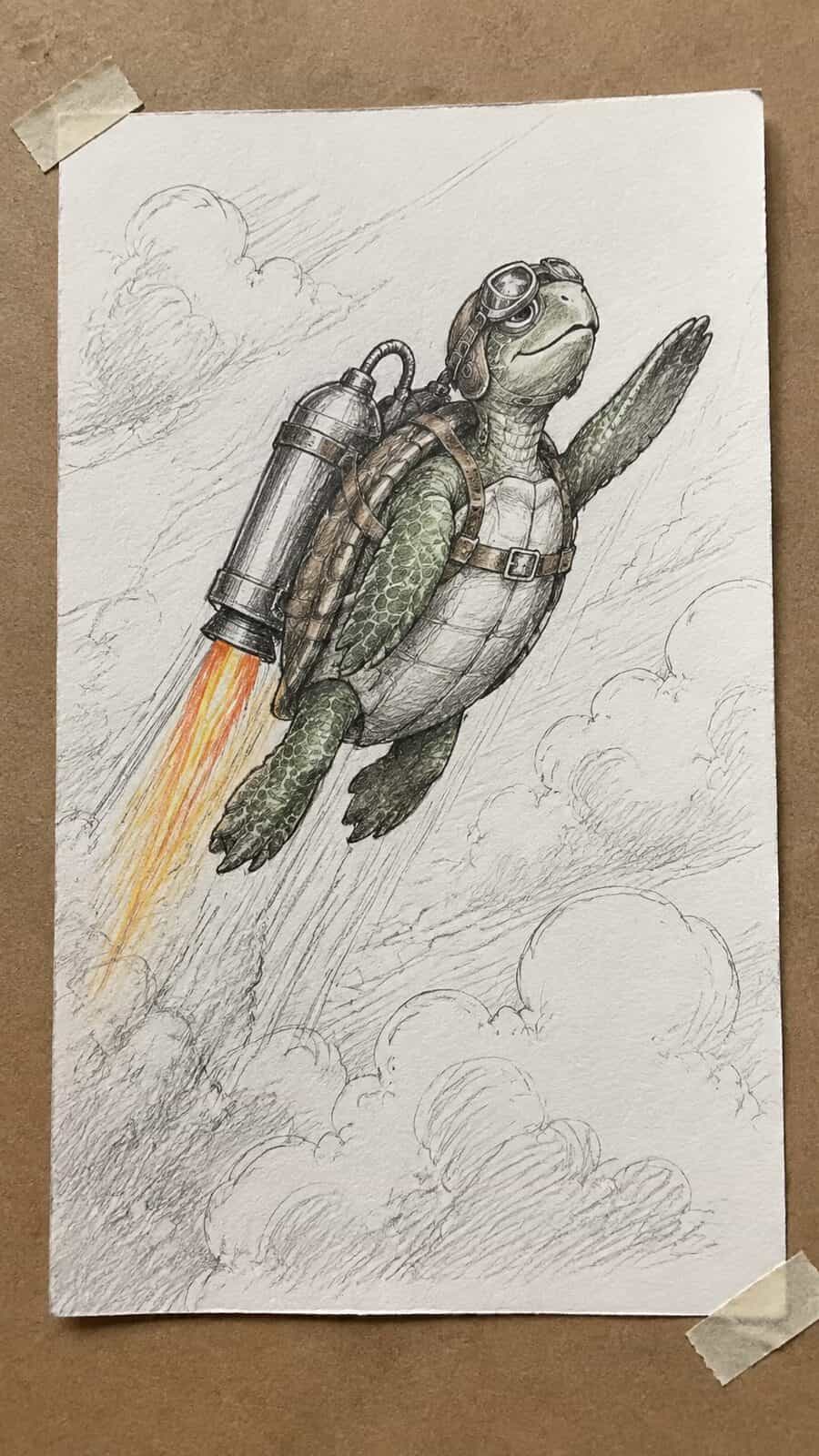 20 Hilarious Drawing Ideas Guaranteed to Make You Laugh 15 Hand-drawn turtle with a jetpack in mixed-media hand drawing on textured paper, shown in a straight overhead view — study 2