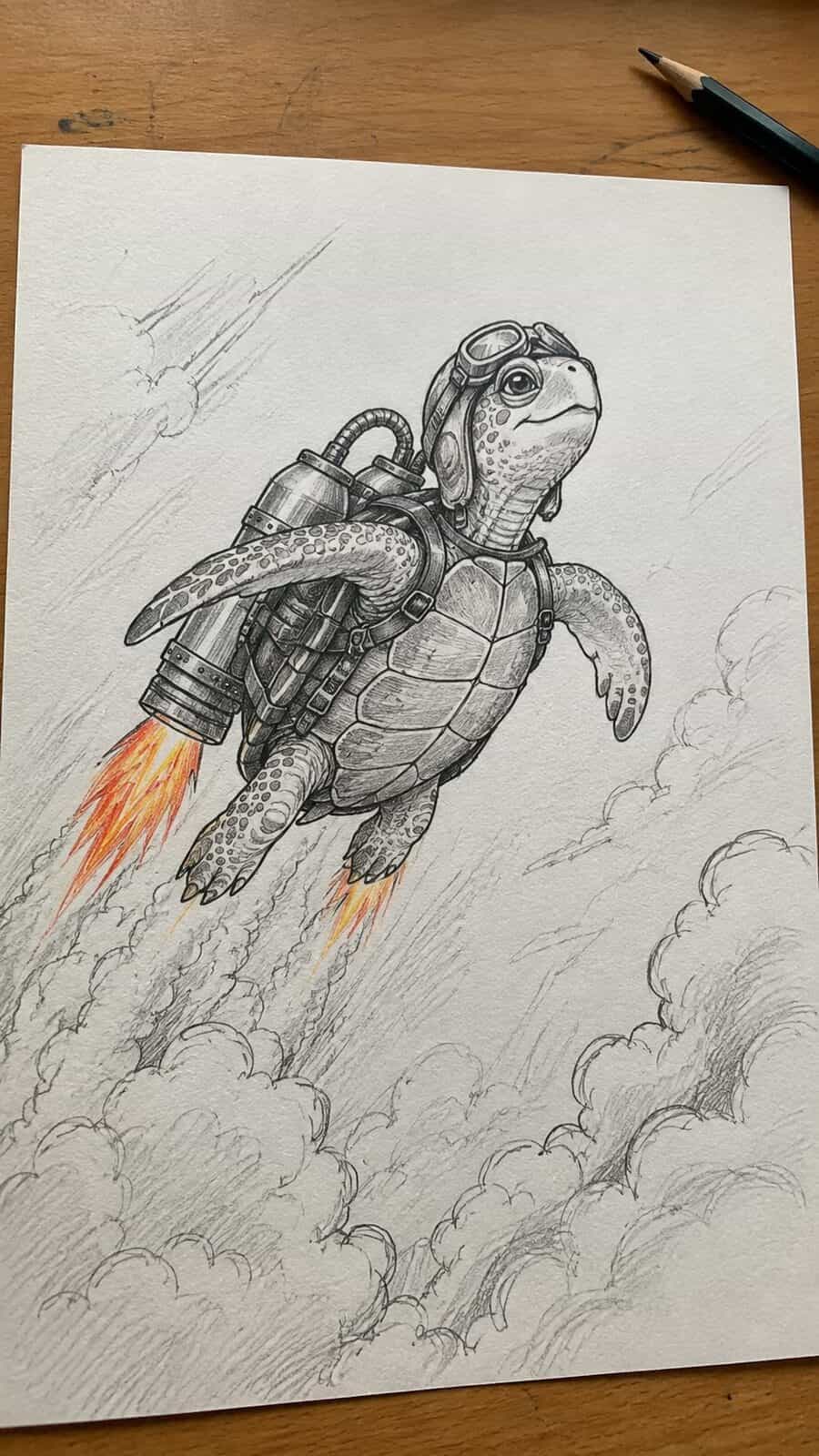 20 Hilarious Drawing Ideas Guaranteed to Make You Laugh 16 Hand-drawn turtle with a jetpack in mixed-media hand drawing on textured paper, shown in a gentle oblique desk view that shows paper — study 3
